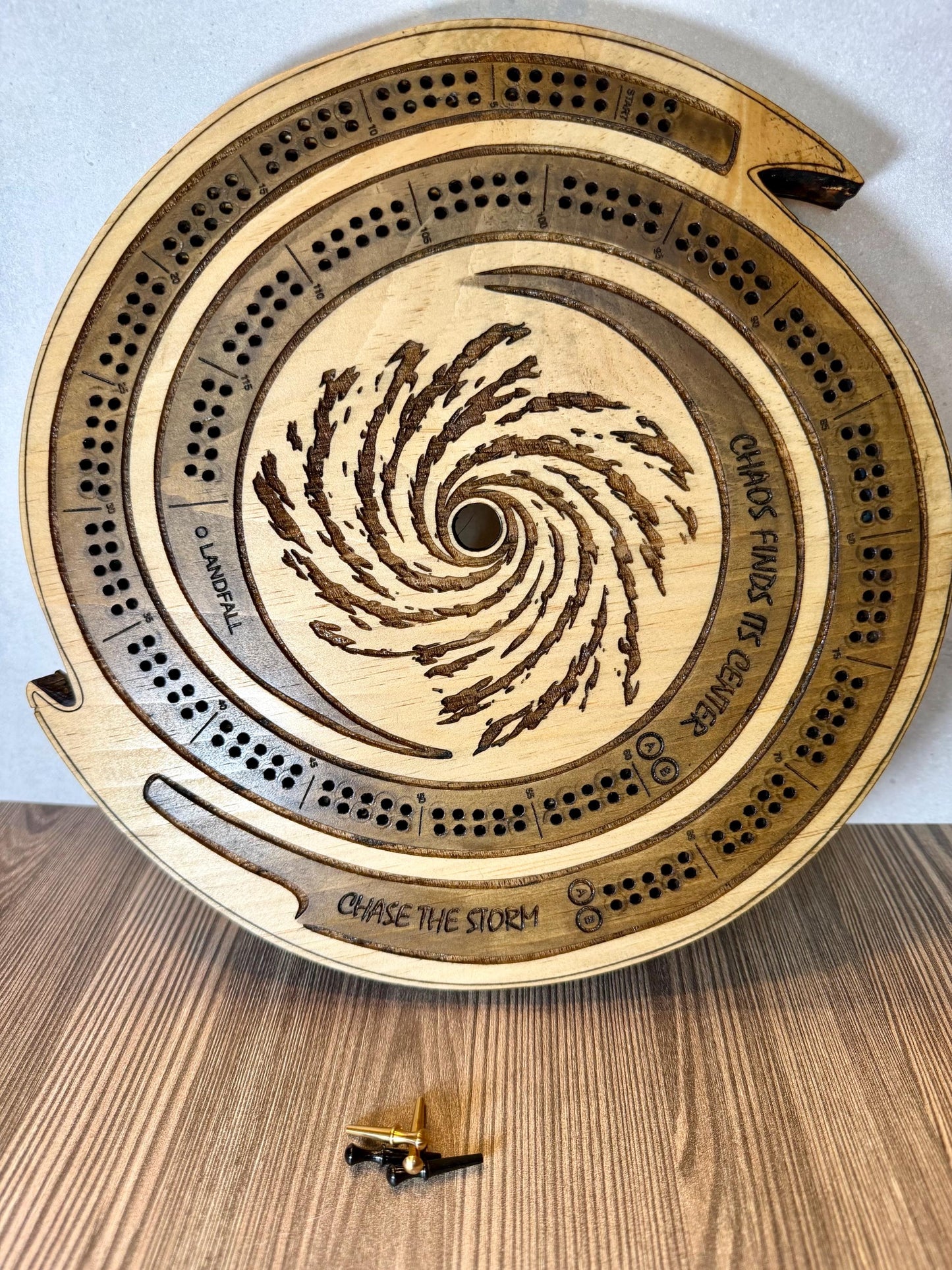Handcrafted Wooden Hurricane Cribbage Board – Unique Spiral Design