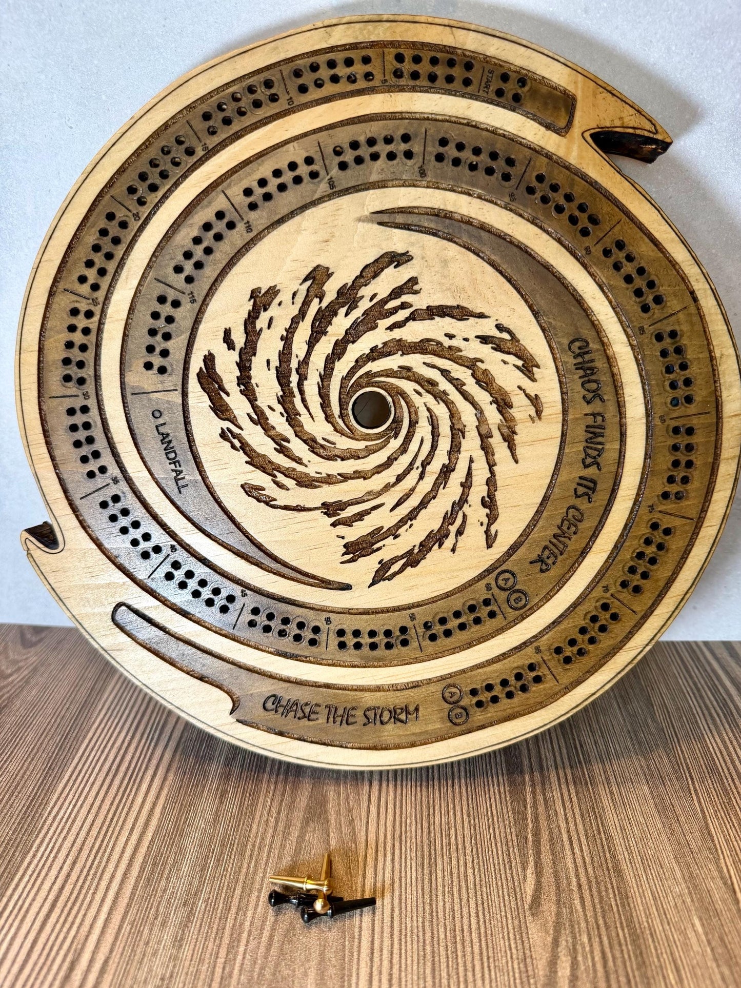Handcrafted Wooden Hurricane Cribbage Board – Unique Spiral Design