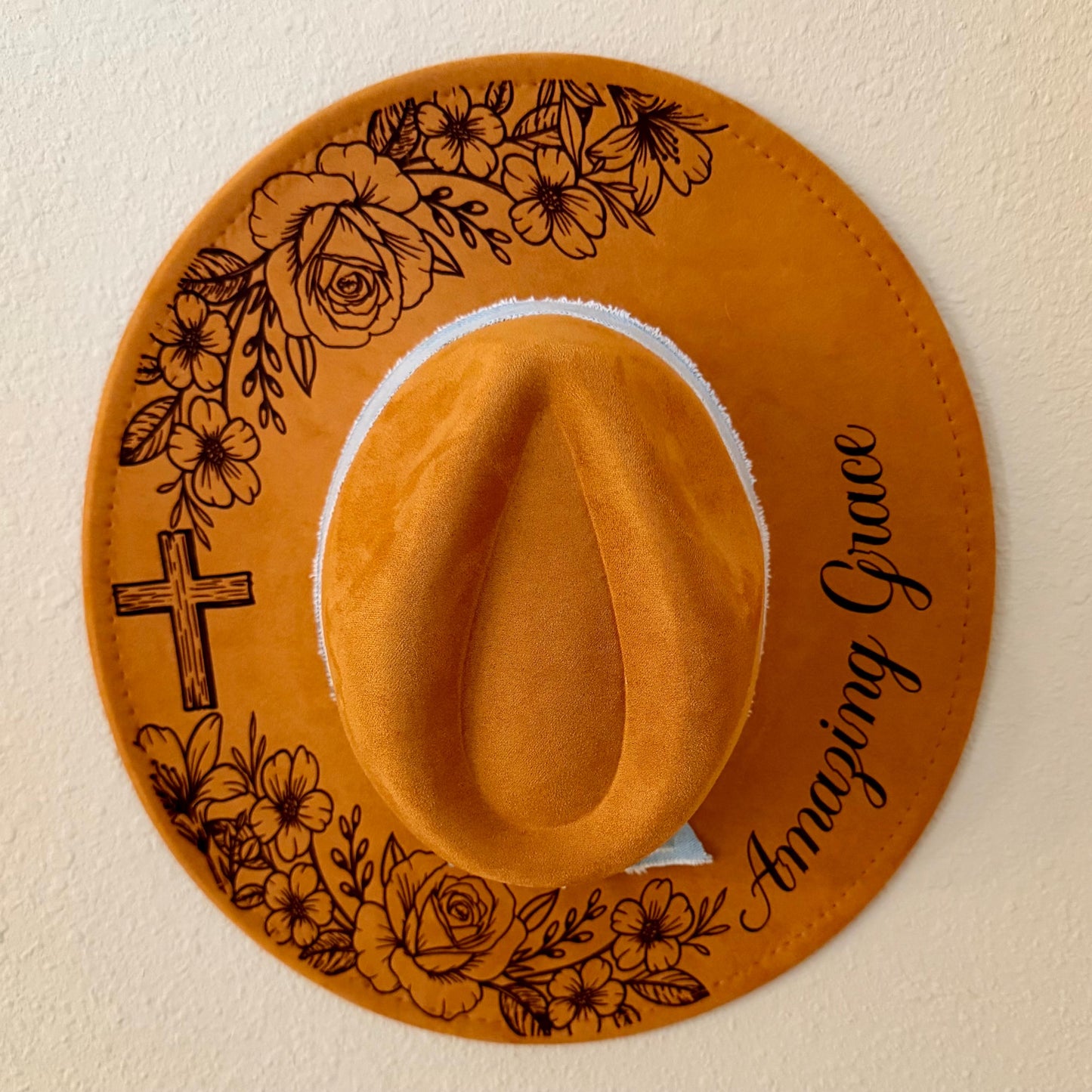 Engraved Vegan Suede Western Hat | Floral Cross, Personalized