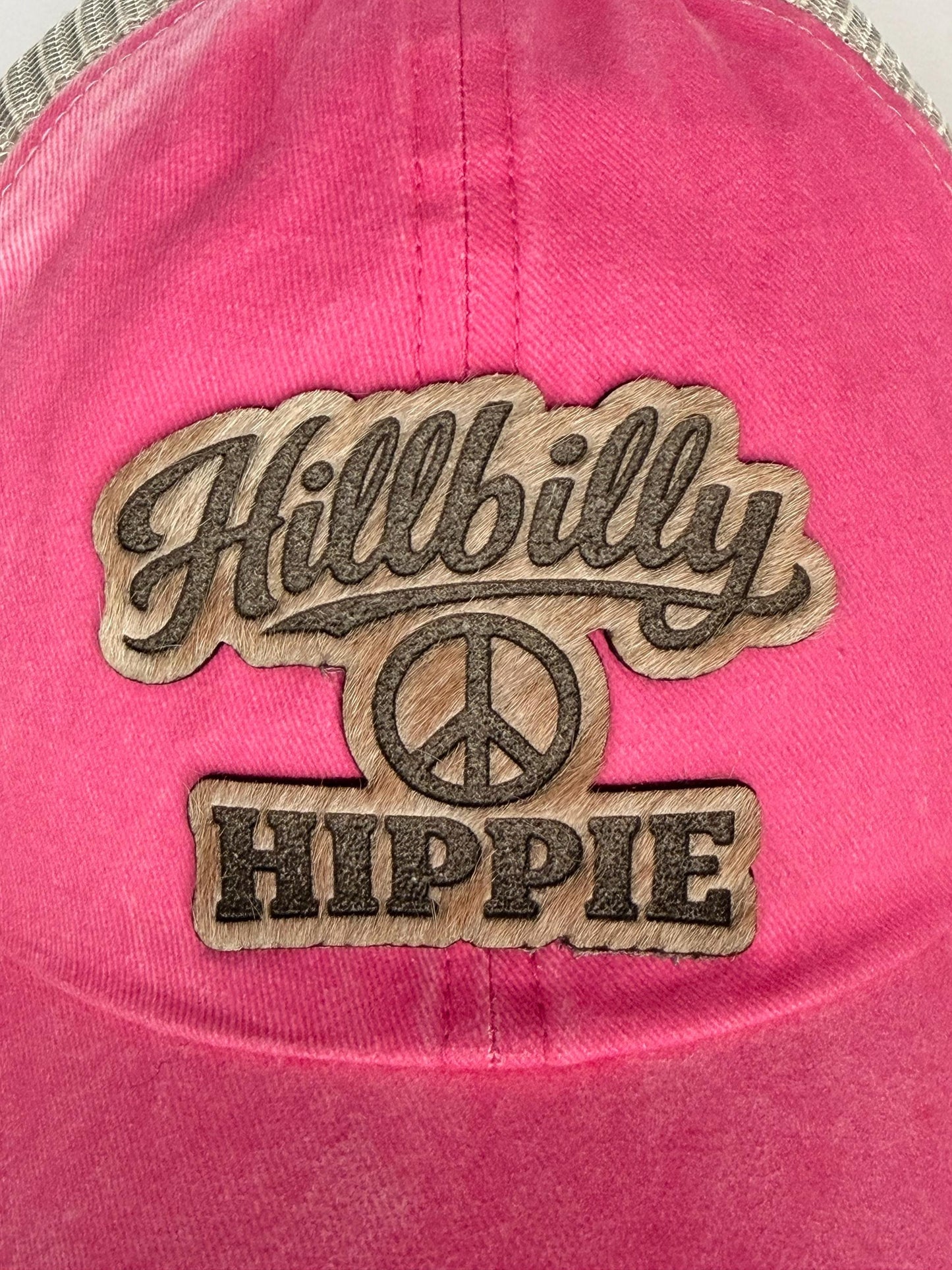 Hillbilly Hippie Hat – Pink Trucker Hat – Hair On Hide Leather Patch – Western Boho Hat – Gift for Her – Country Girl Hat