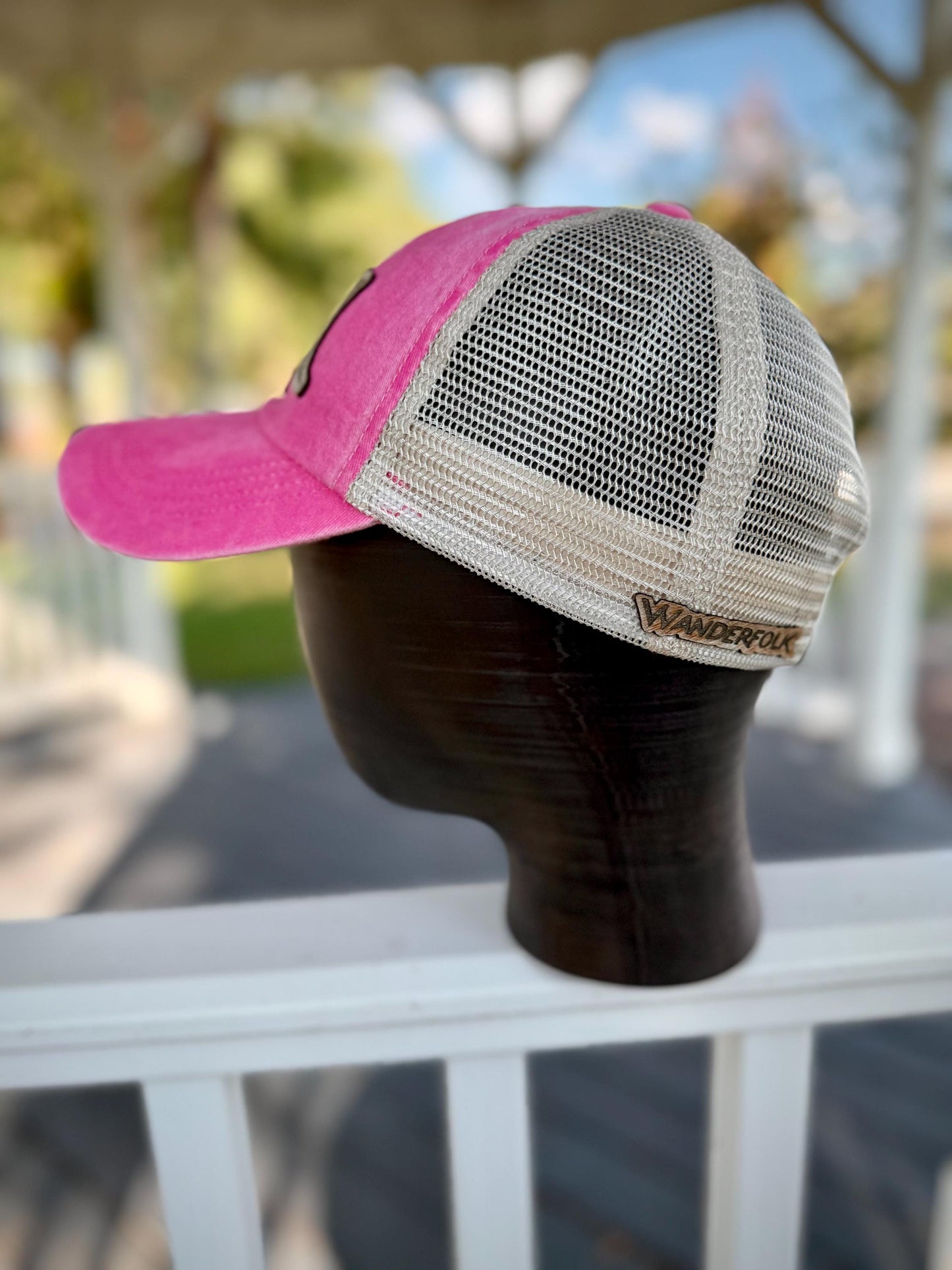 FERAL Trucker Hat, Hair on Hide Leather Patch, Pink or Distressed Black Mesh Cap