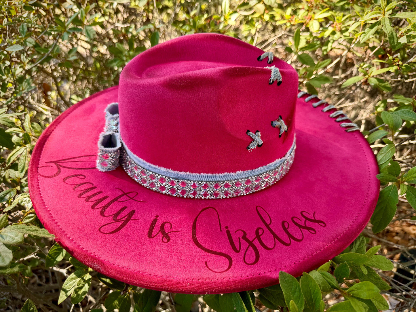 Beauty is Sizeless Hat Hot Pink Engraved Wide-Brim, Rhinestone Denim Band