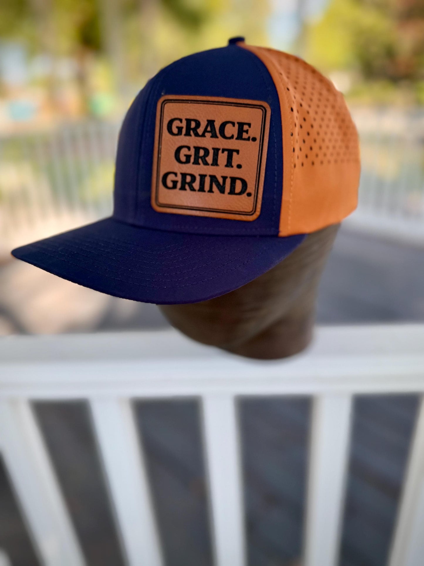 Grace Grit Grind Leather Patch Hat, Navy Camel Snapback Cap, Faith Baseball Hat