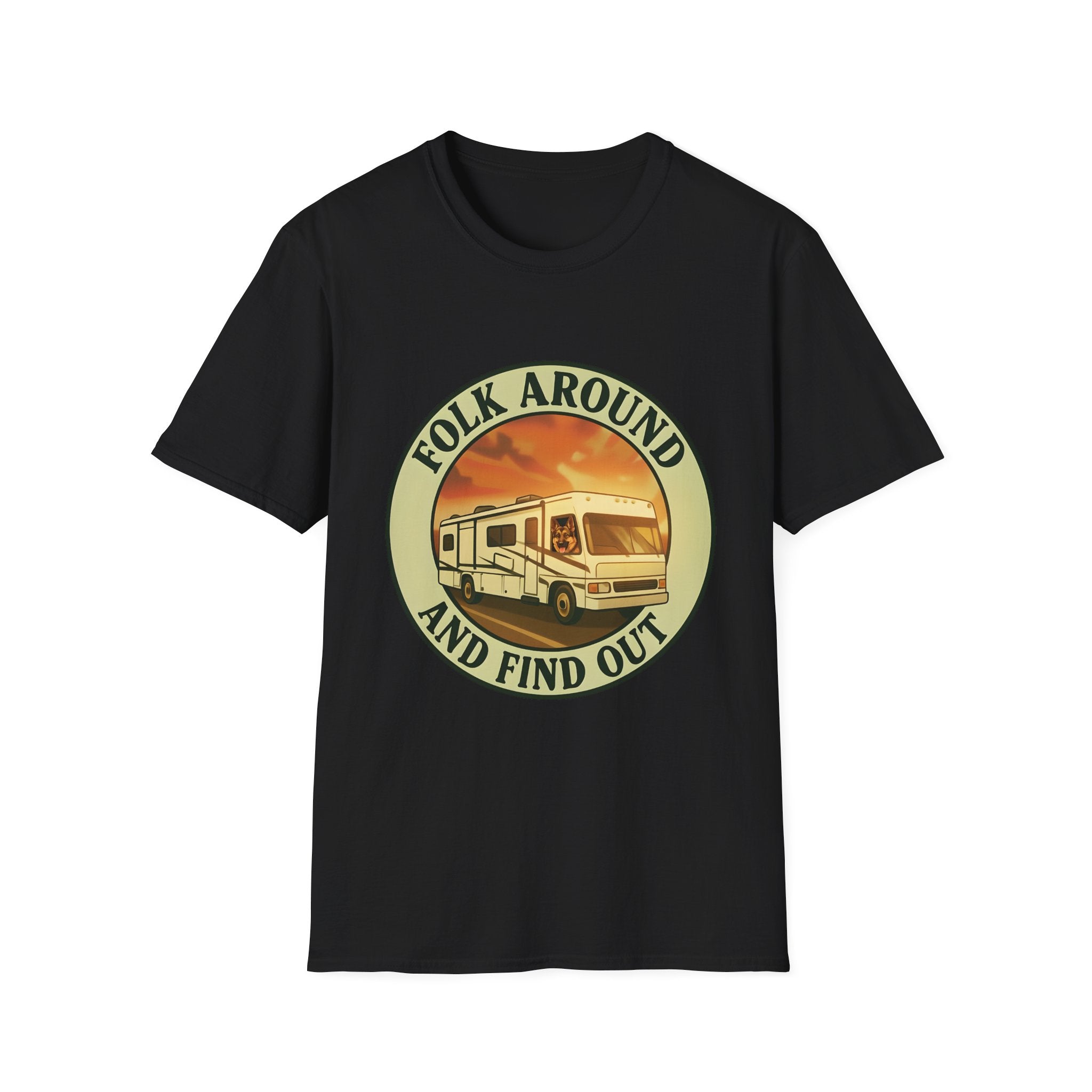 Folk Around and Find Out RV Graphic T-Shirt | Retro Camper Circle Design