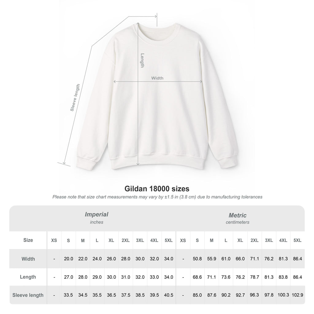 Gildan 18000 sweatshirt size chart displaying width, length, and sleeve length measurements in inches and centimeters for sizes XS through 5XL. Displays white crewneck sweatshirt. 