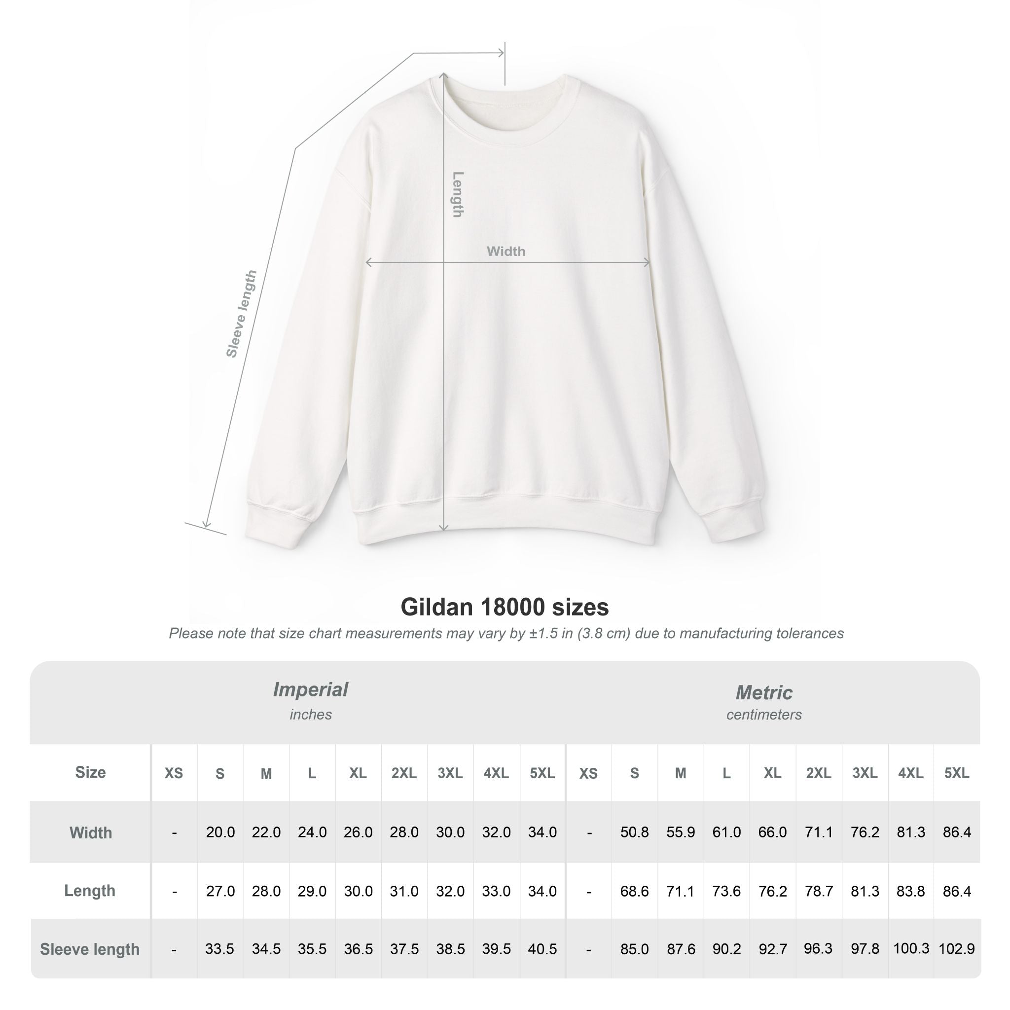 Gildan 18000 sweatshirt size chart displaying width, length, and sleeve length measurements in inches and centimeters for sizes XS through 5XL. Displays white crewneck sweatshirt. 