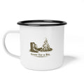 Gone for a Bit campfire boots Enamel Camp Cup | rustic camping mug