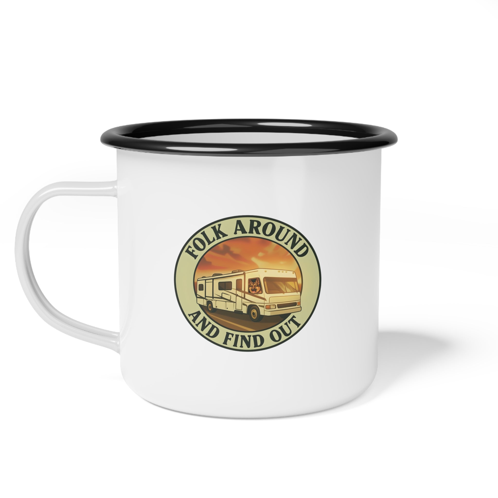 Folk Around and Find Out Enamel Camp Cup | RV Sunset Camper Graphic