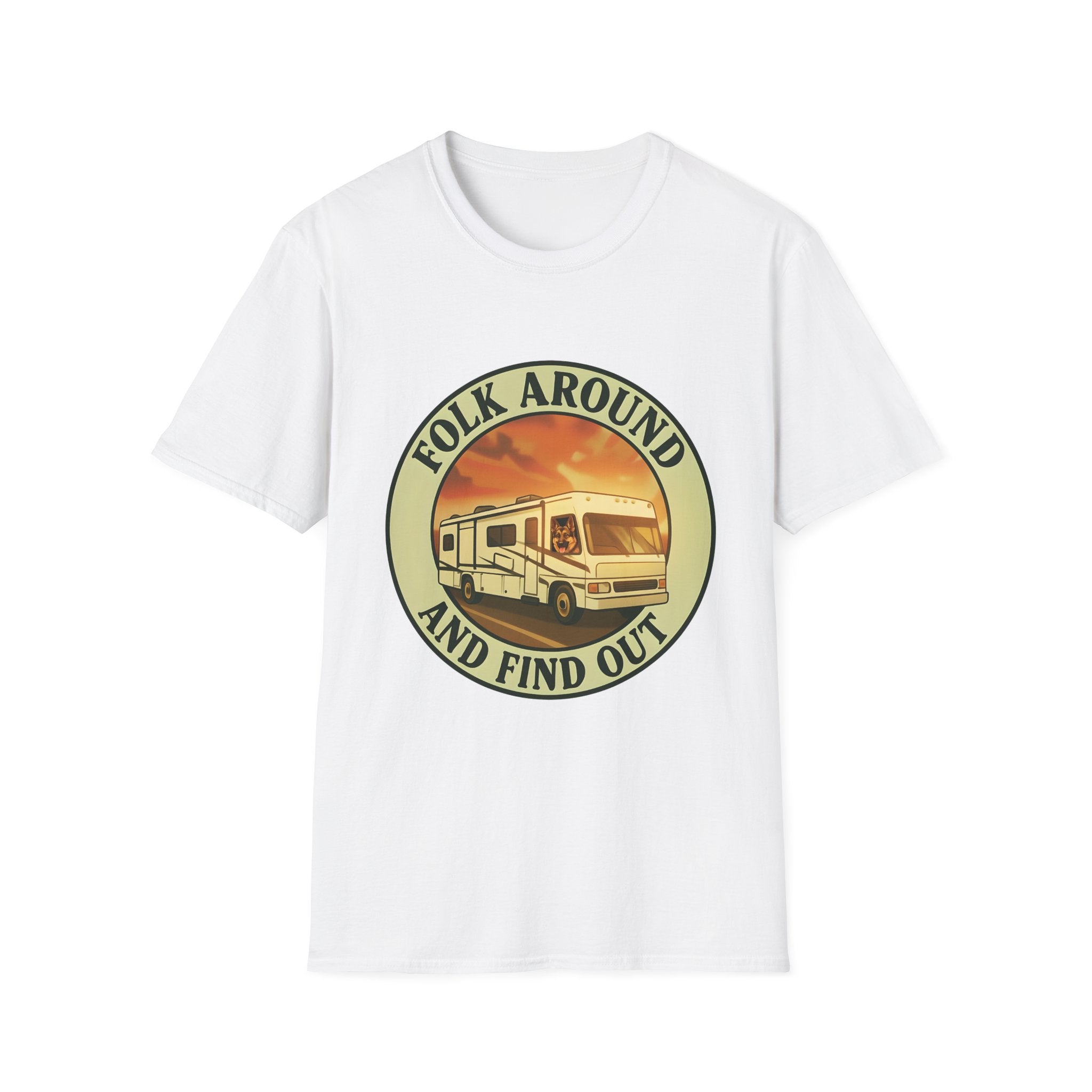 Folk Around and Find Out RV Graphic T-Shirt | Retro Camper Circle Design