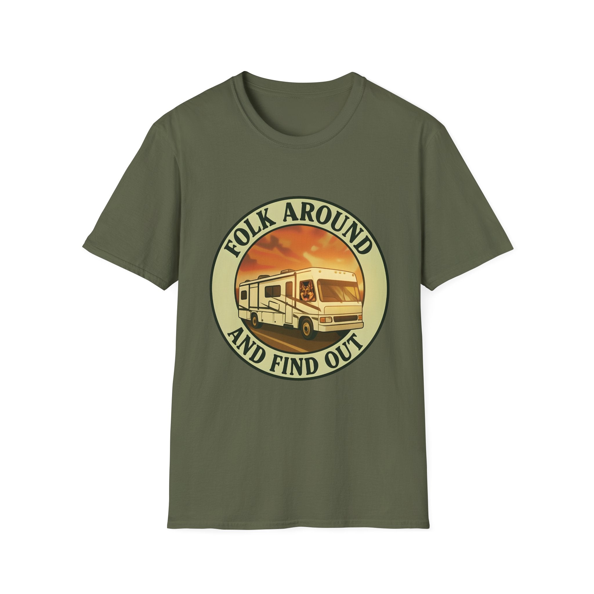 Folk Around and Find Out RV Graphic T-Shirt | Retro Camper Circle Design
