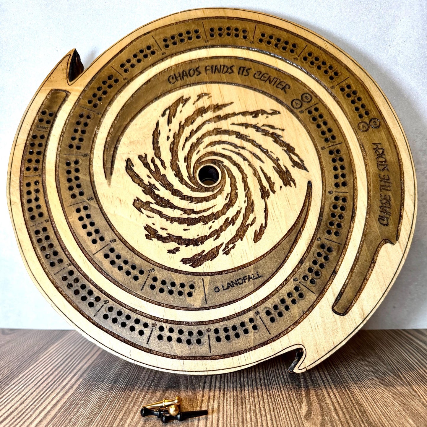 Handcrafted Wooden Hurricane Cribbage Board – Unique Spiral Design