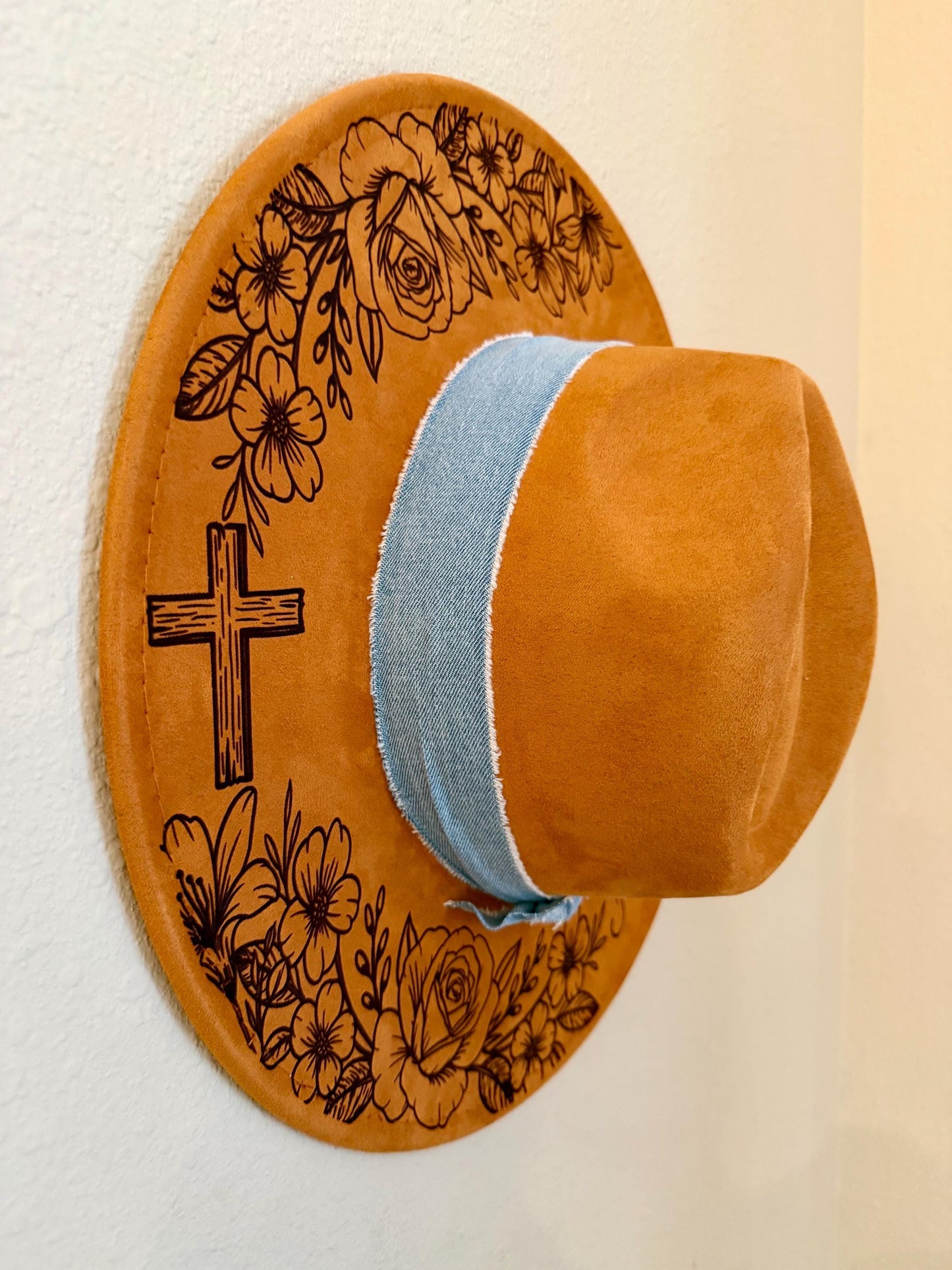 Engraved Vegan Suede Western Hat | Floral Cross, Personalized