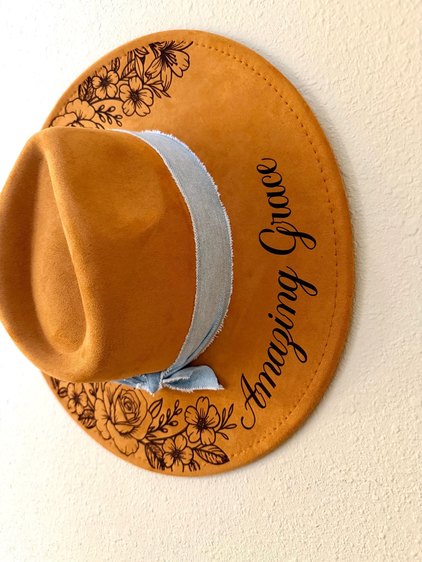 Engraved Vegan Suede Western Hat | Floral Cross, Personalized