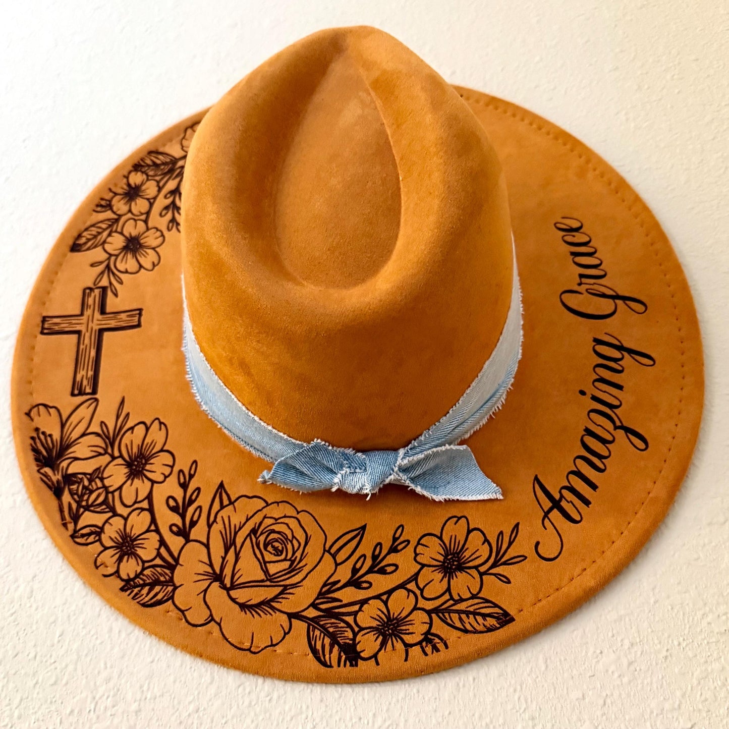 Engraved Vegan Suede Western Hat | Floral Cross, Personalized
