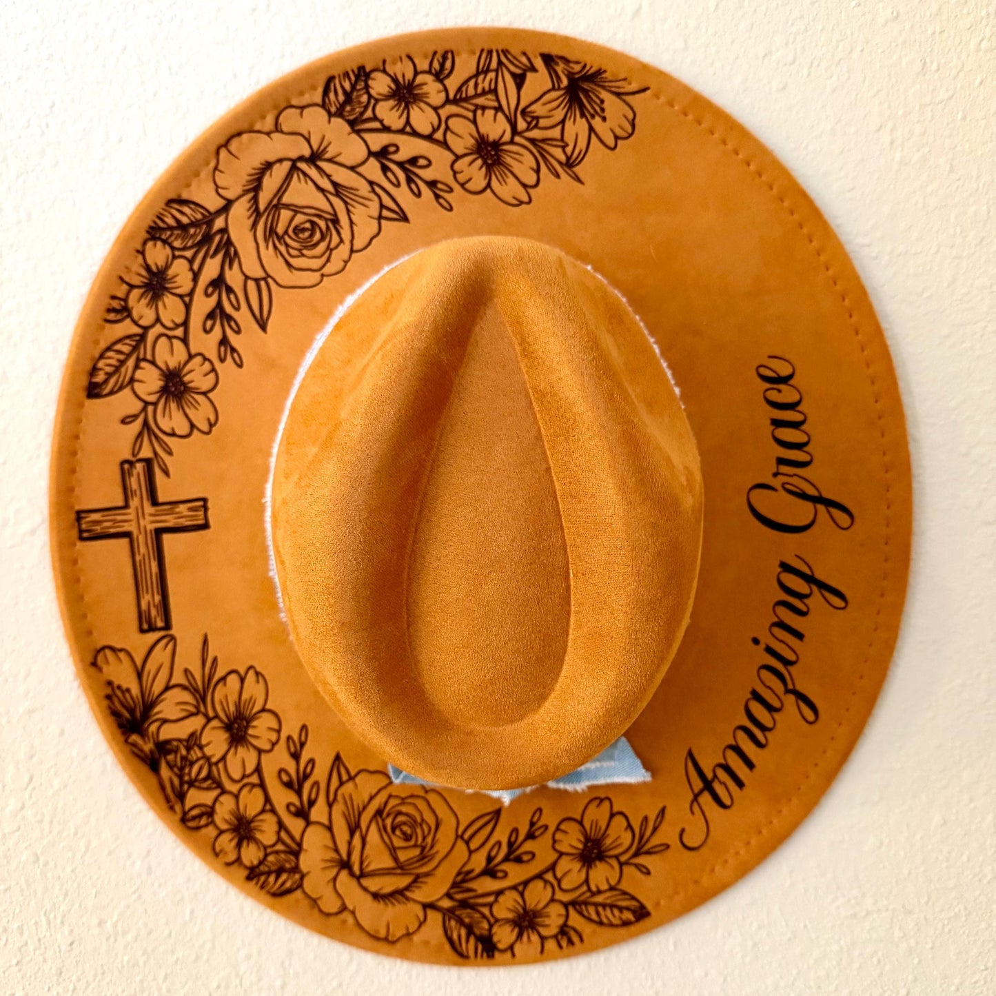 Engraved Vegan Suede Western Hat | Floral Cross, Personalized