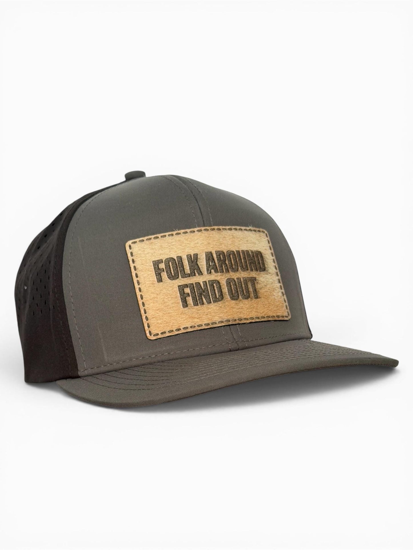 Folk Around Find Out Hat – Hair On Hide Leather Patch Trucker Hat – Western Trucker Cap – One of a Kind Patch Hat – Gift for Him