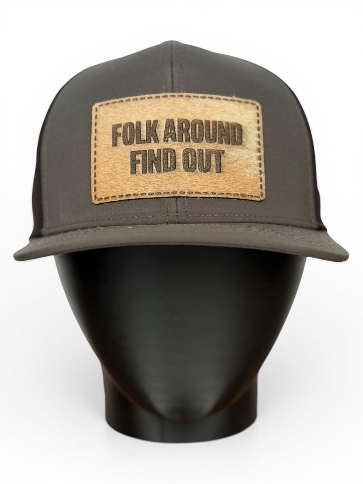 Folk Around Find Out Trucker Hat, Hair-on-Hide Patch Cap, Western Rustic Snapback Hat