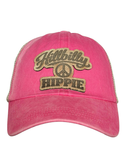 Hillbilly Hippie Hat – Pink Trucker Hat – Hair On Hide Leather Patch – Western Boho Hat – Gift for Her – Country Girl Hat