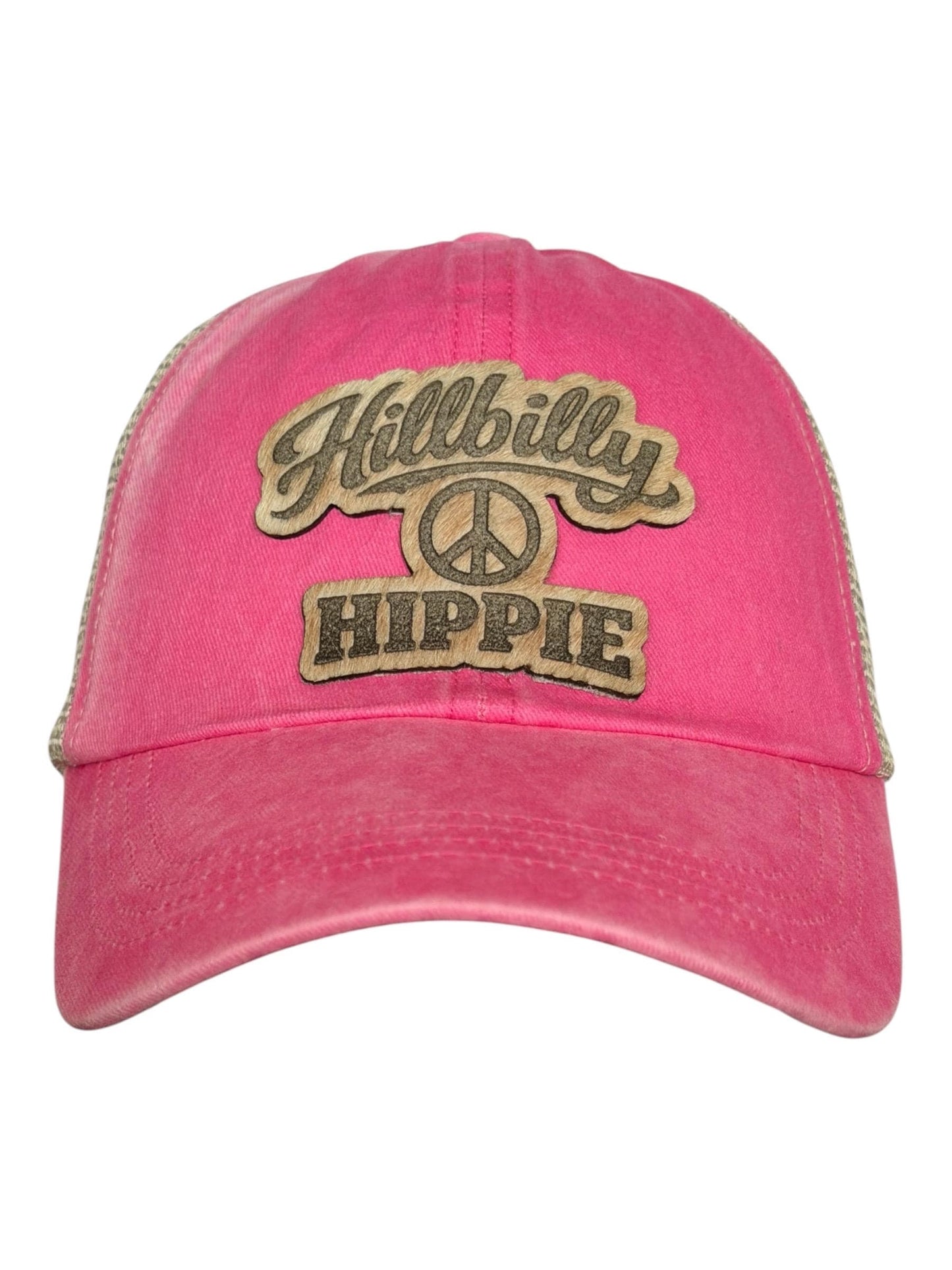 Pink Trucker Hat, Hair-on-Hide Leather Patch Hat, Hillbilly Hippie Cap
