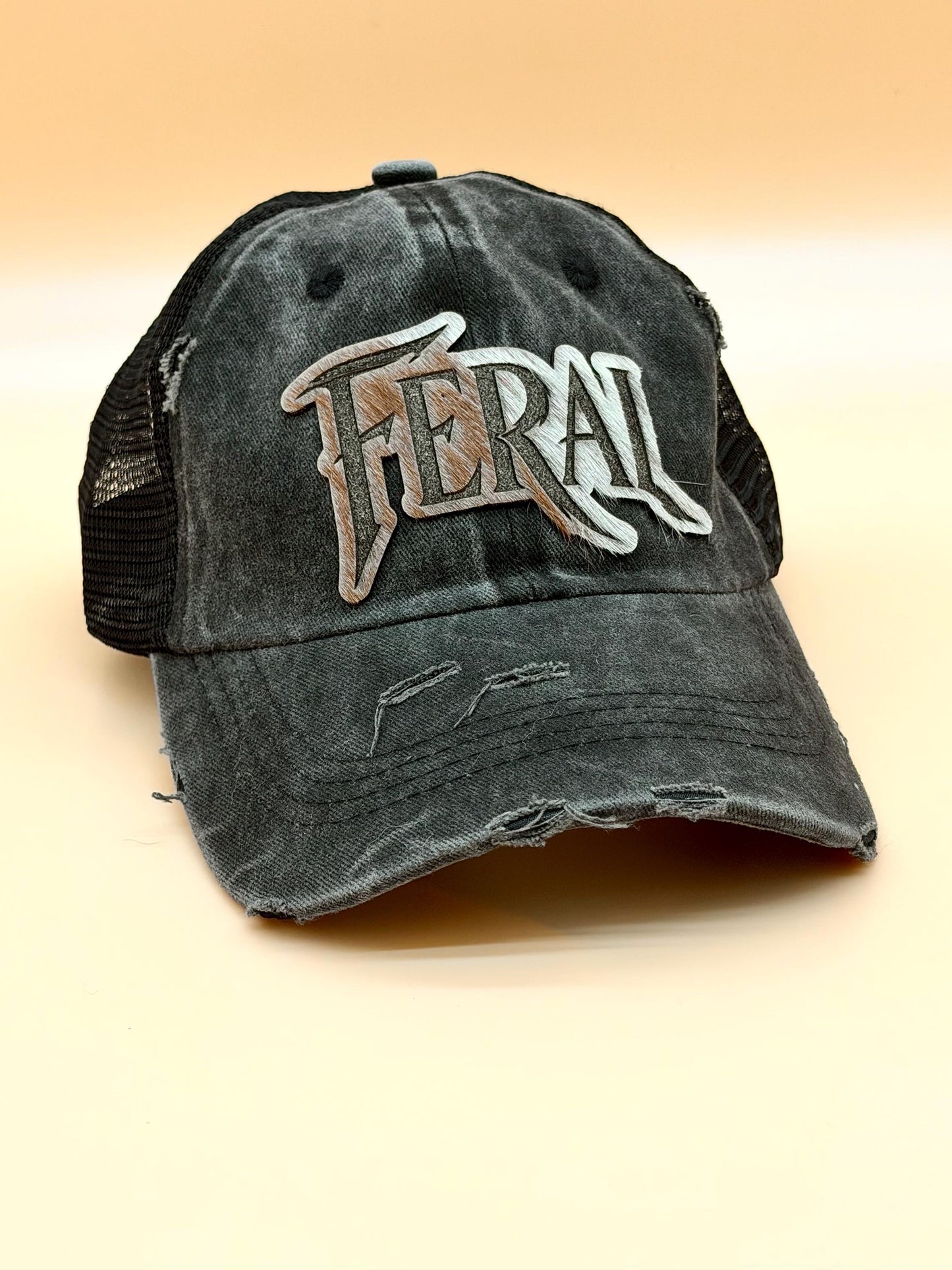 Feral Distressed Black Trucker Hat, Genuine Hair-on-Hide Leather Patch, Western Snapback Cowgirl Cap