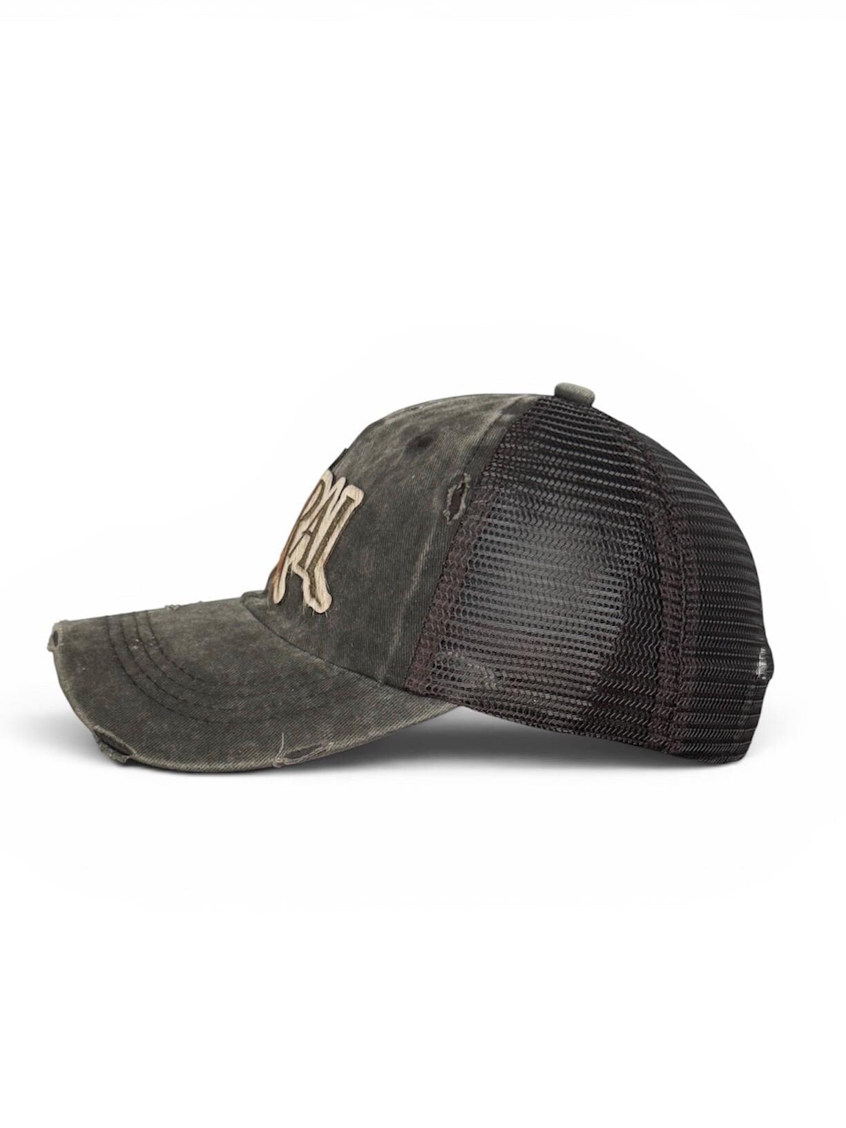 FERAL Trucker Hat – Hair-on-Hide Leather Patch | Distressed Black Ball Cap