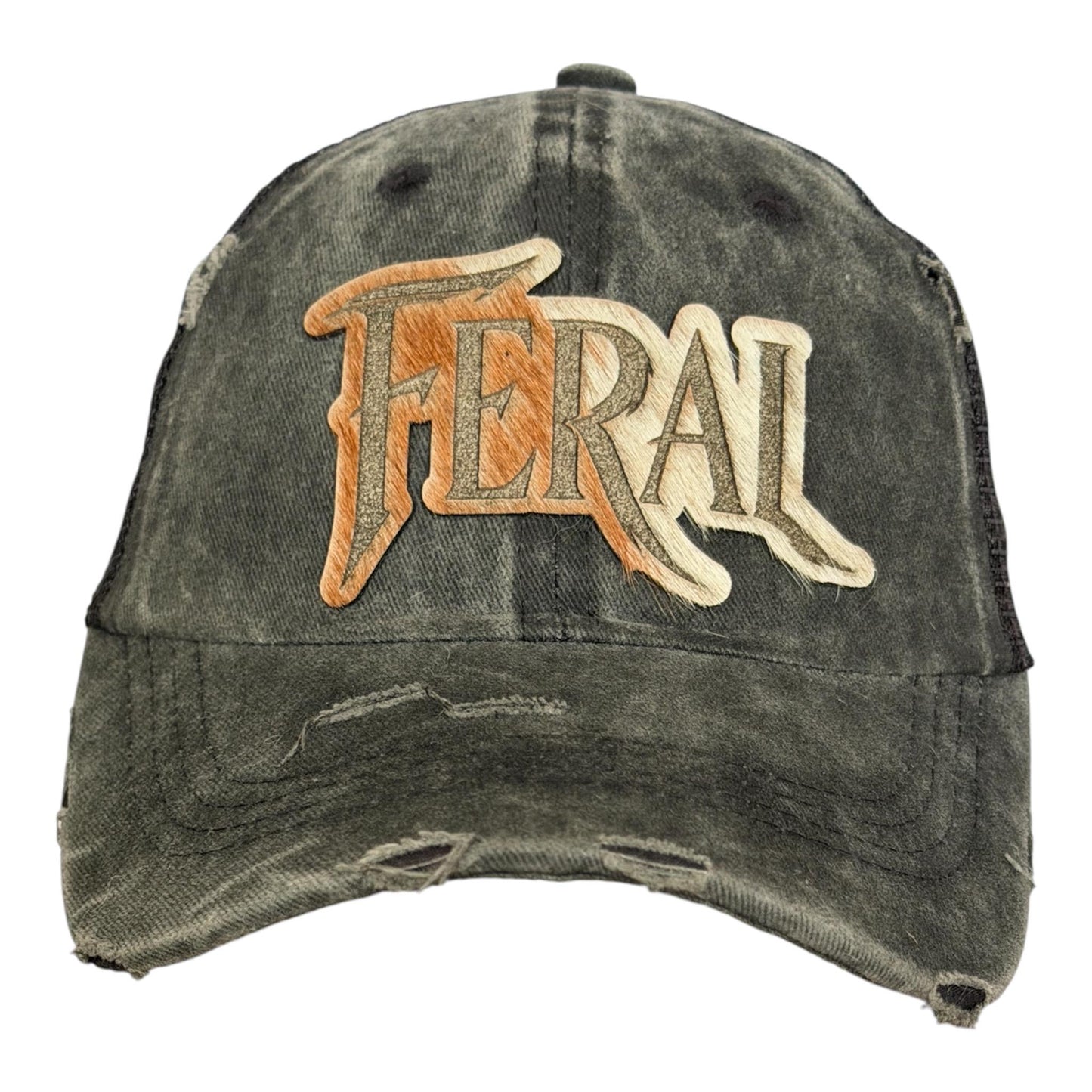 FERAL Trucker Hat – Hair-on-Hide Leather Patch | Distressed Black Ball Cap