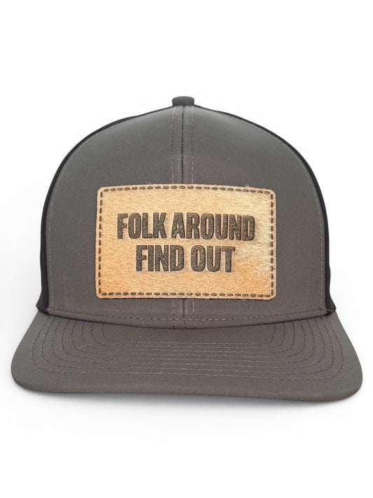 Folk Around Find Out Hat – Hair On Hide Leather Patch Trucker Hat – Western Trucker Cap – One of a Kind Patch Hat – Gift for Him