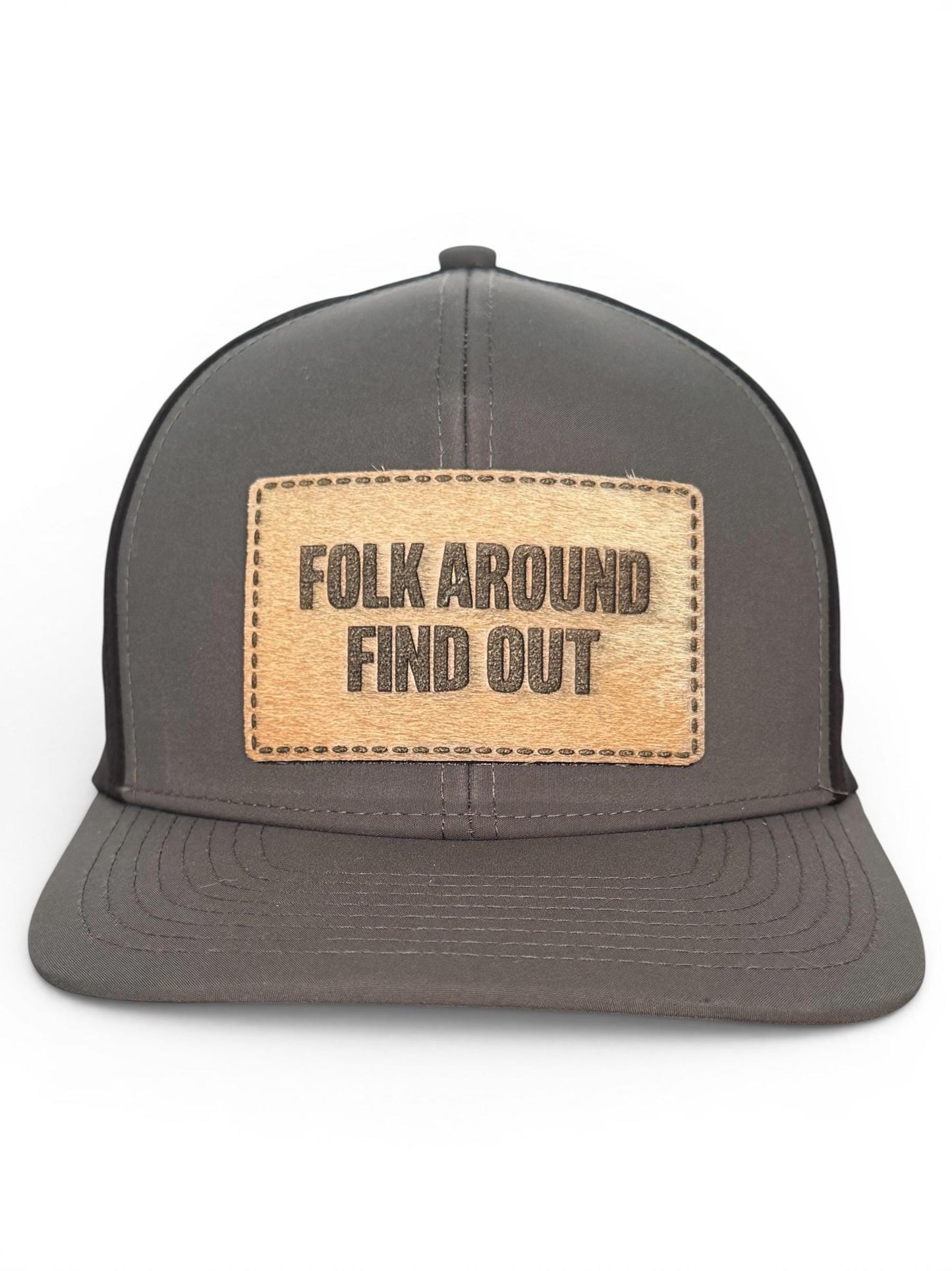 Folk Around Find Out Trucker Hat, Hair-on-Hide Patch Cap, Western Rustic Snapback Hat