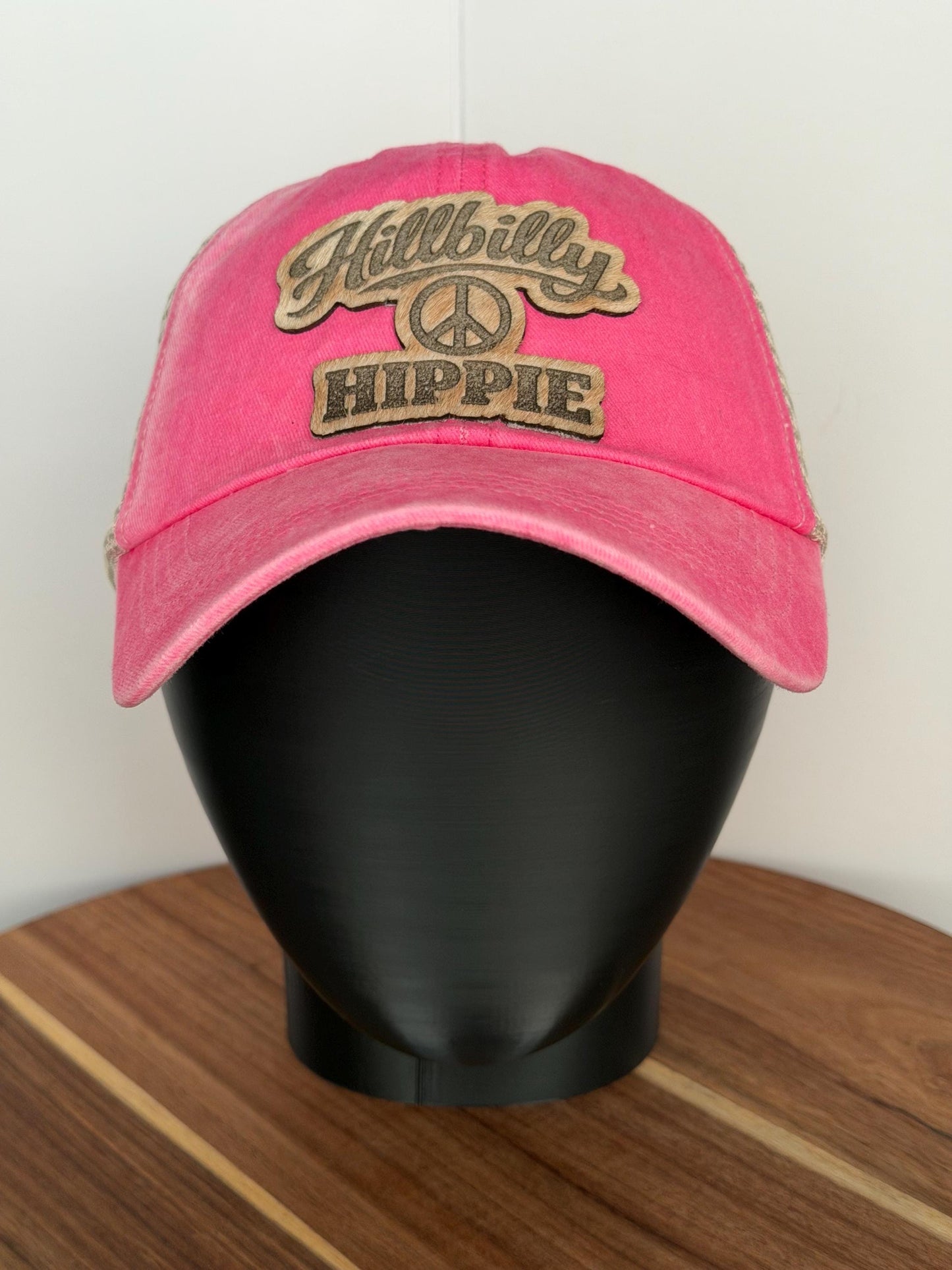 Hillbilly Hippie Hat – Pink Trucker Hat – Hair On Hide Leather Patch – Western Boho Hat – Gift for Her – Country Girl Hat