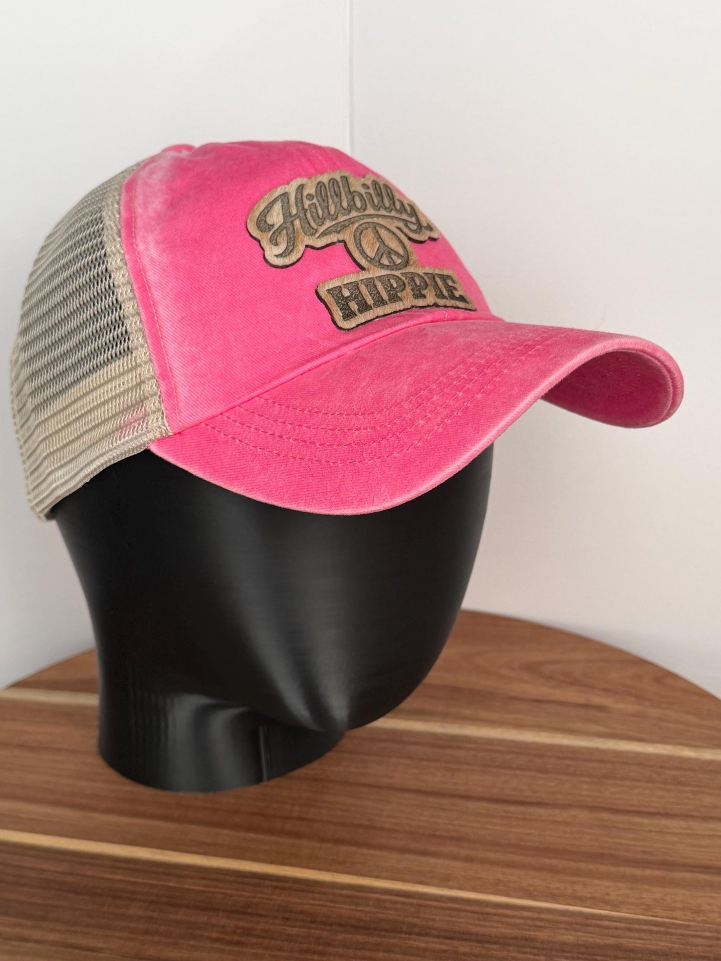 Hillbilly Hippie Hat – Pink Trucker Hat – Hair On Hide Leather Patch – Western Boho Hat – Gift for Her – Country Girl Hat