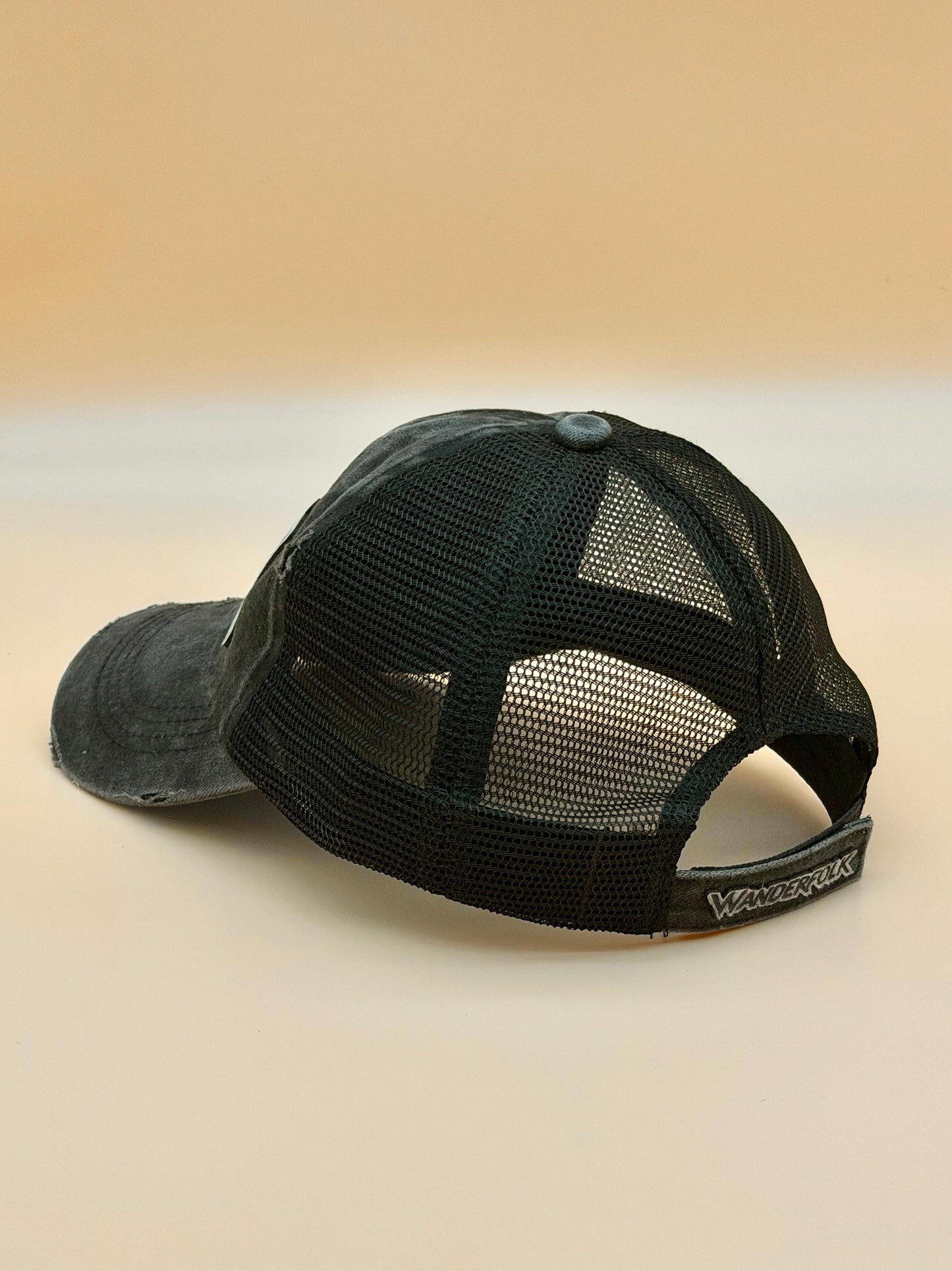 Feral Distressed Black Trucker Hat, Genuine Hair-on-Hide Leather Patch, Western Snapback Cowgirl Cap