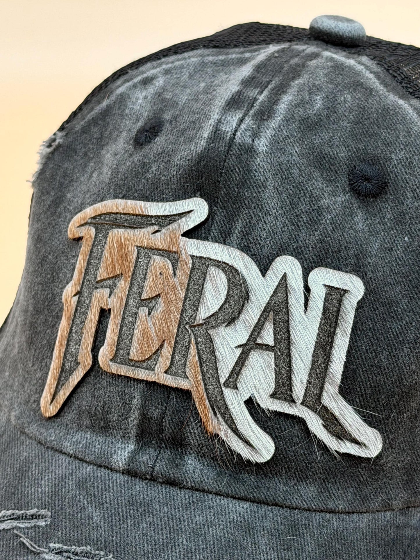 Feral Distressed Black Trucker Hat, Genuine Hair-on-Hide Leather Patch, Western Snapback Cowgirl Cap