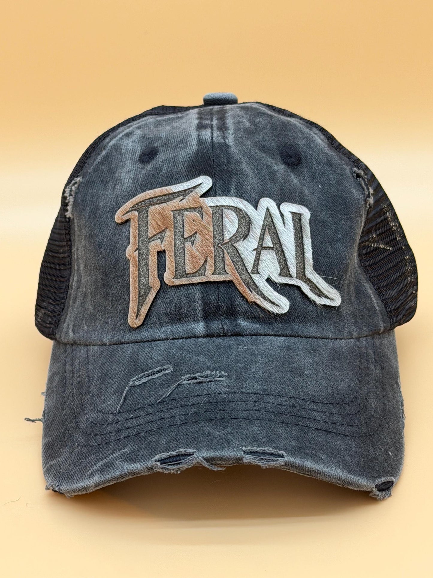 Feral Distressed Black Trucker Hat, Genuine Hair-on-Hide Leather Patch, Western Snapback Cowgirl Cap