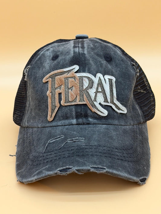Feral Distressed Black Trucker Hat, Genuine Hair-on-Hide Leather Patch, Western Snapback Cowgirl Cap