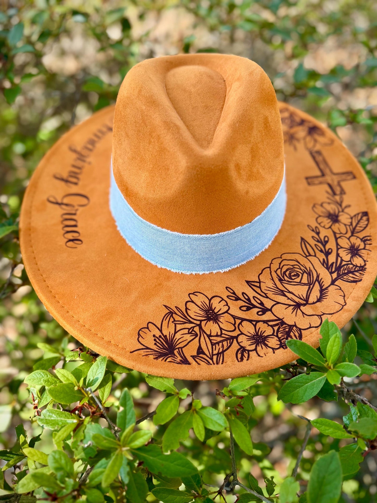 Amazing Grace Wide Brim Hat, Floral Engraved Boho Hat, Faith Inspired Western Hat, Christian Cowgirl Hat, Burnt Orange Camel Felt Hat