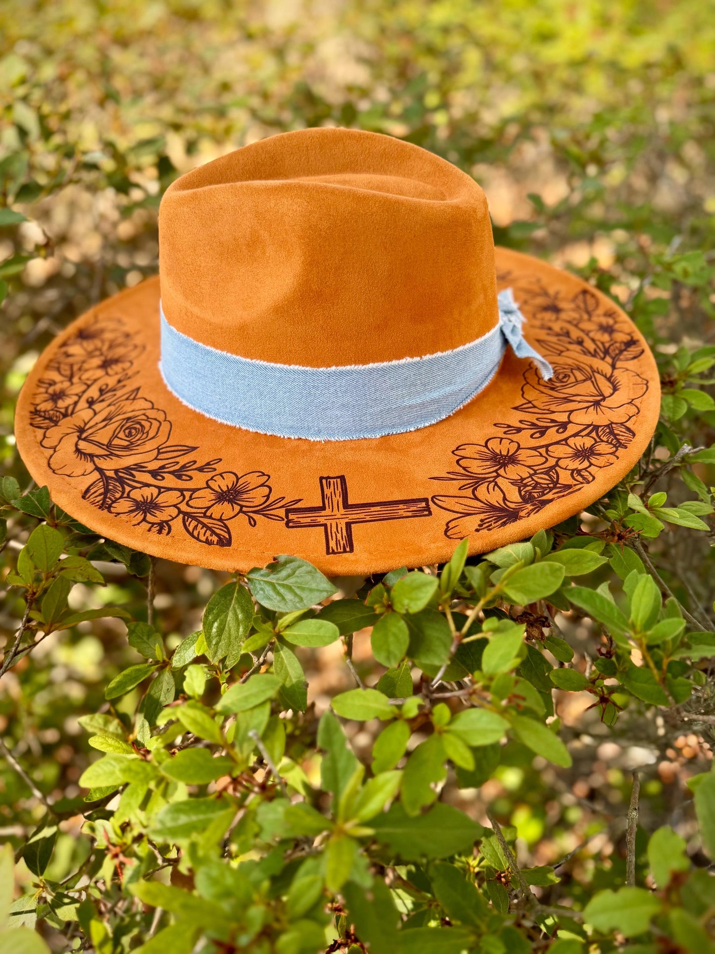 Amazing Grace Wide Brim Hat, Floral Engraved Boho Hat, Faith Inspired Western Hat, Christian Cowgirl Hat, Burnt Orange Camel Felt Hat