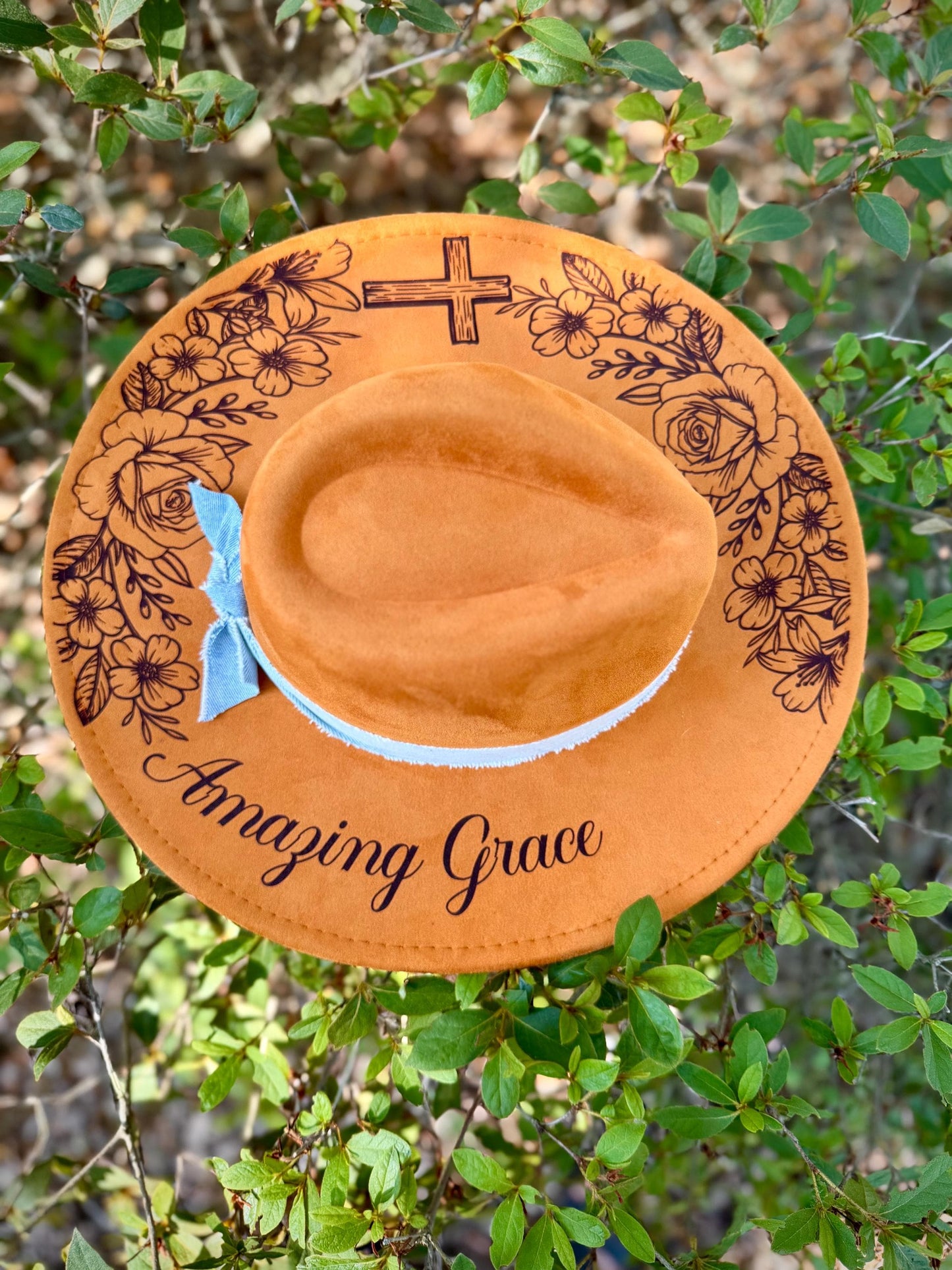 Amazing Grace Wide Brim Hat, Floral Engraved Boho Hat, Faith Inspired Western Hat, Christian Cowgirl Hat, Burnt Orange Camel Felt Hat