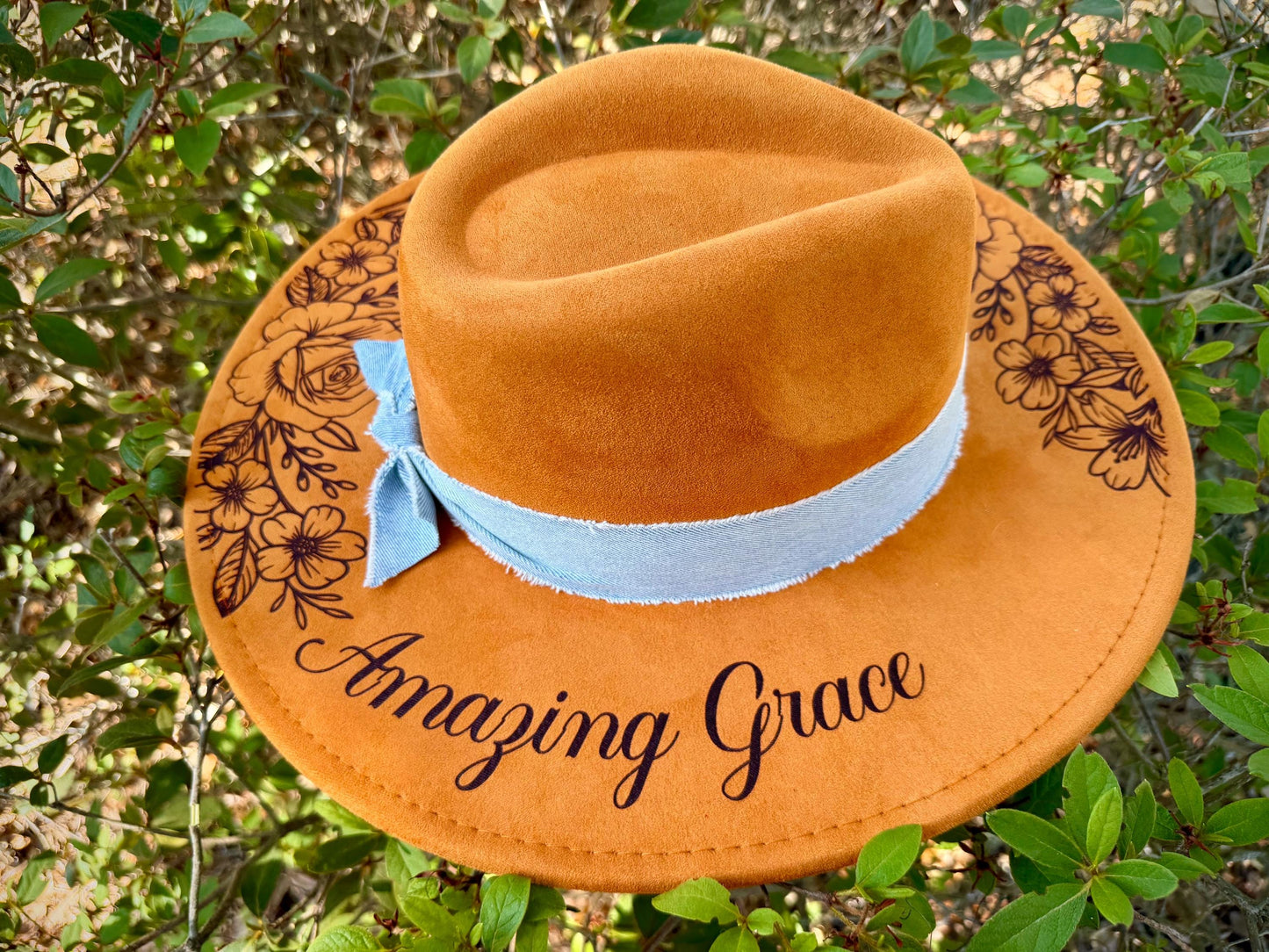 Amazing Grace Wide Brim Hat, Floral Engraved Boho Hat, Faith Inspired Western Hat, Christian Cowgirl Hat, Burnt Orange Camel Felt Hat