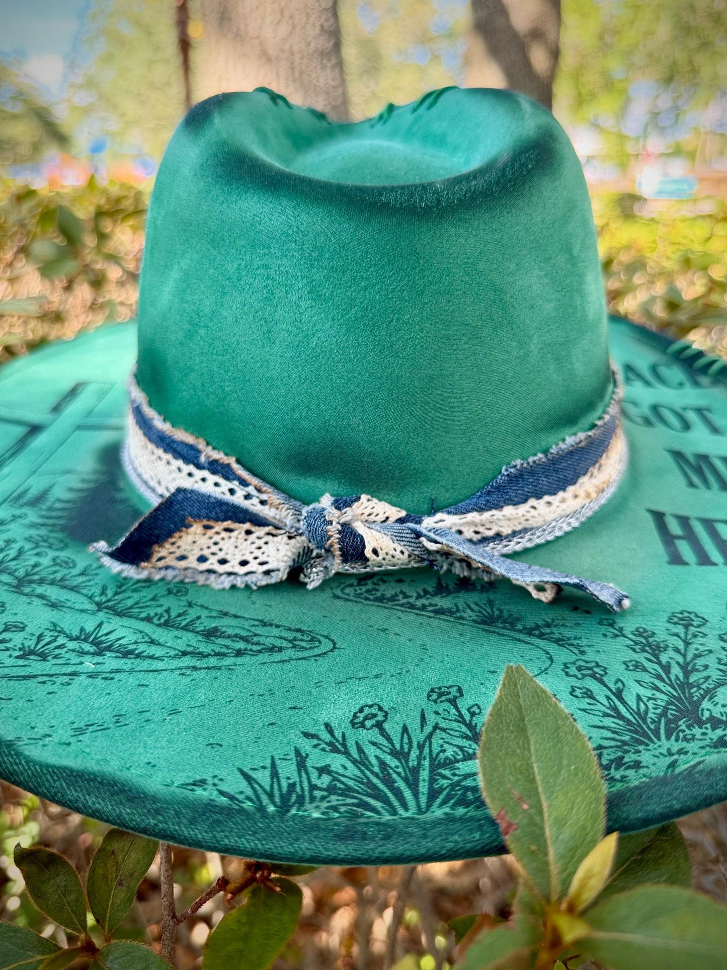 Grace Got Me Here Wide Brim Hat, Green Engraved Floral Cross, Western Boho Cowgirl Style