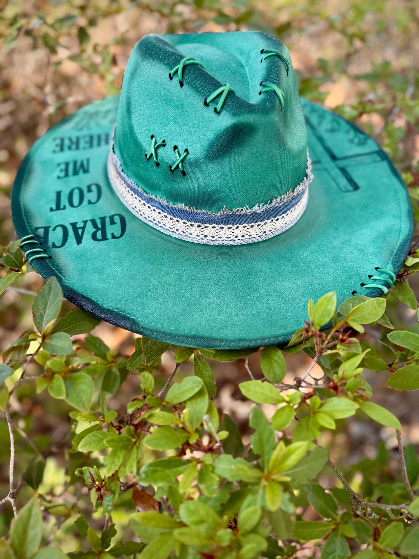 Grace Got Me Here Wide Brim Hat, Green Engraved Floral Cross, Western Boho Cowgirl Style