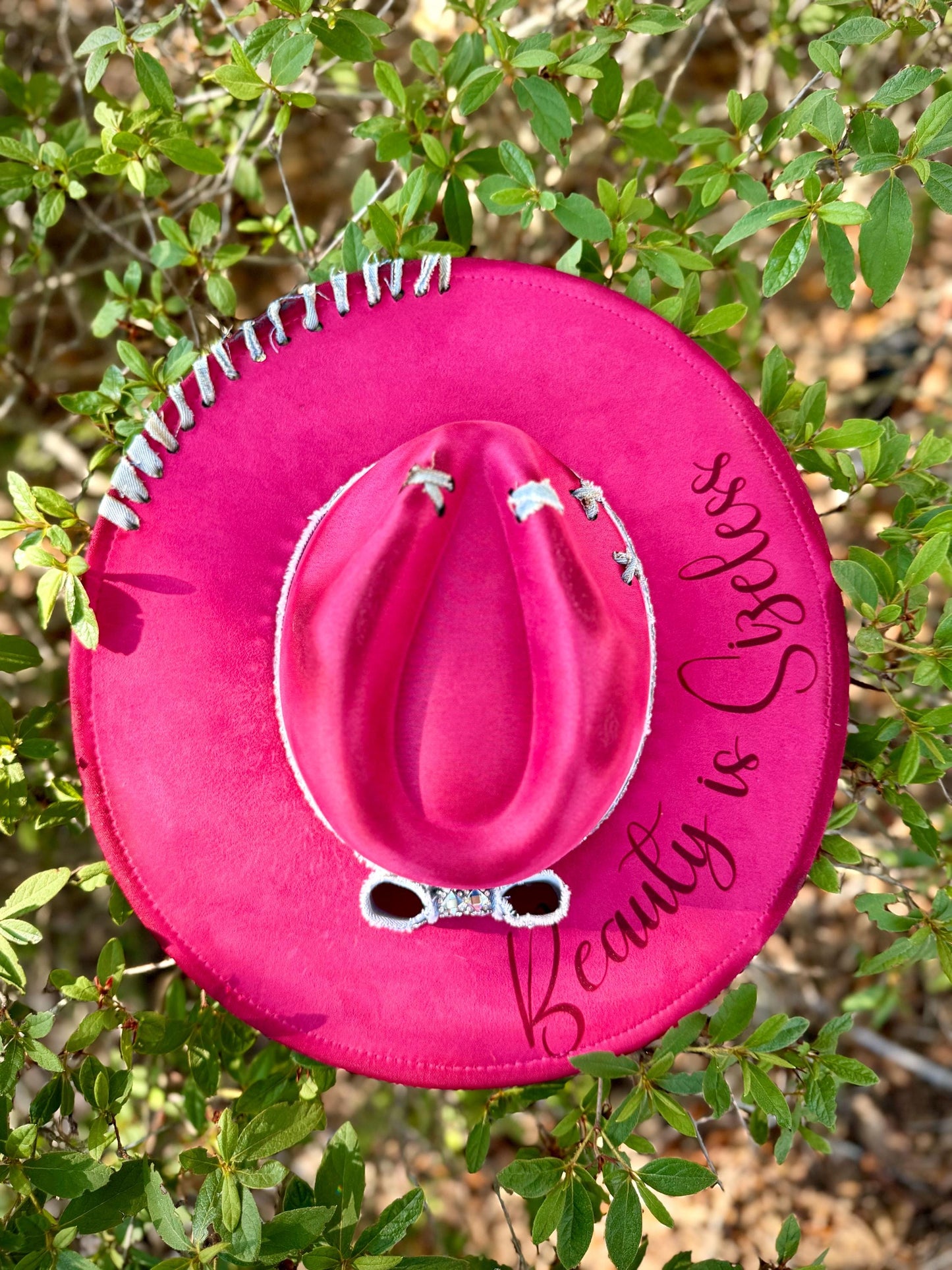 Beauty is Sizeless Hat Hot Pink Engraved Wide-Brim, Rhinestone Denim Band