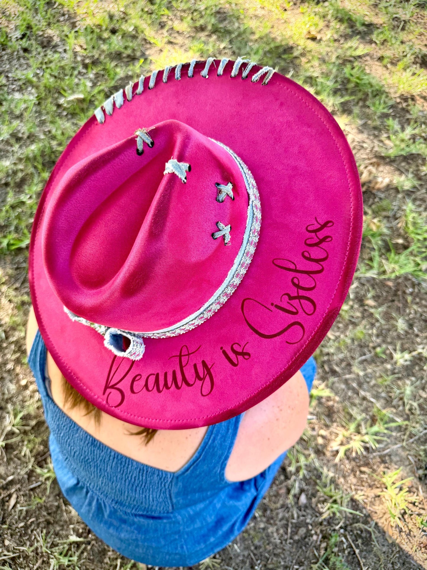 Beauty is Sizeless Hat Hot Pink Engraved Wide-Brim, Rhinestone Denim Band