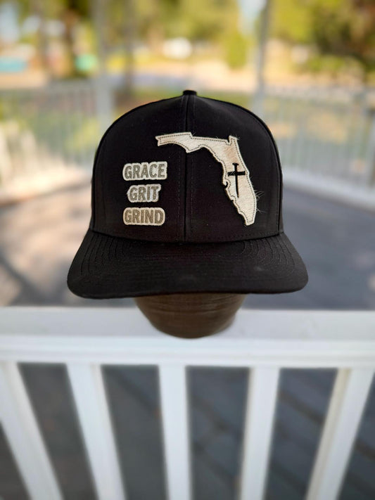 Grace Grit Grind Florida Hat, Christian Snapback, Leather Patch Cap Hair-On Hide