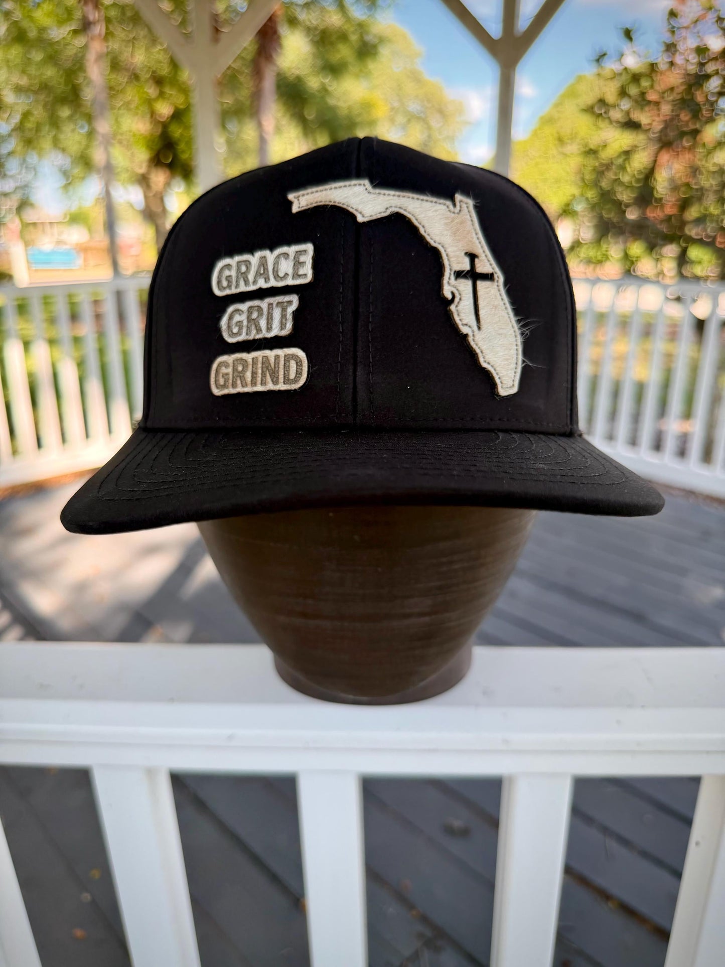Grace Grit Grind Florida Hat, Christian Snapback, Leather Patch Cap Hair-On Hide