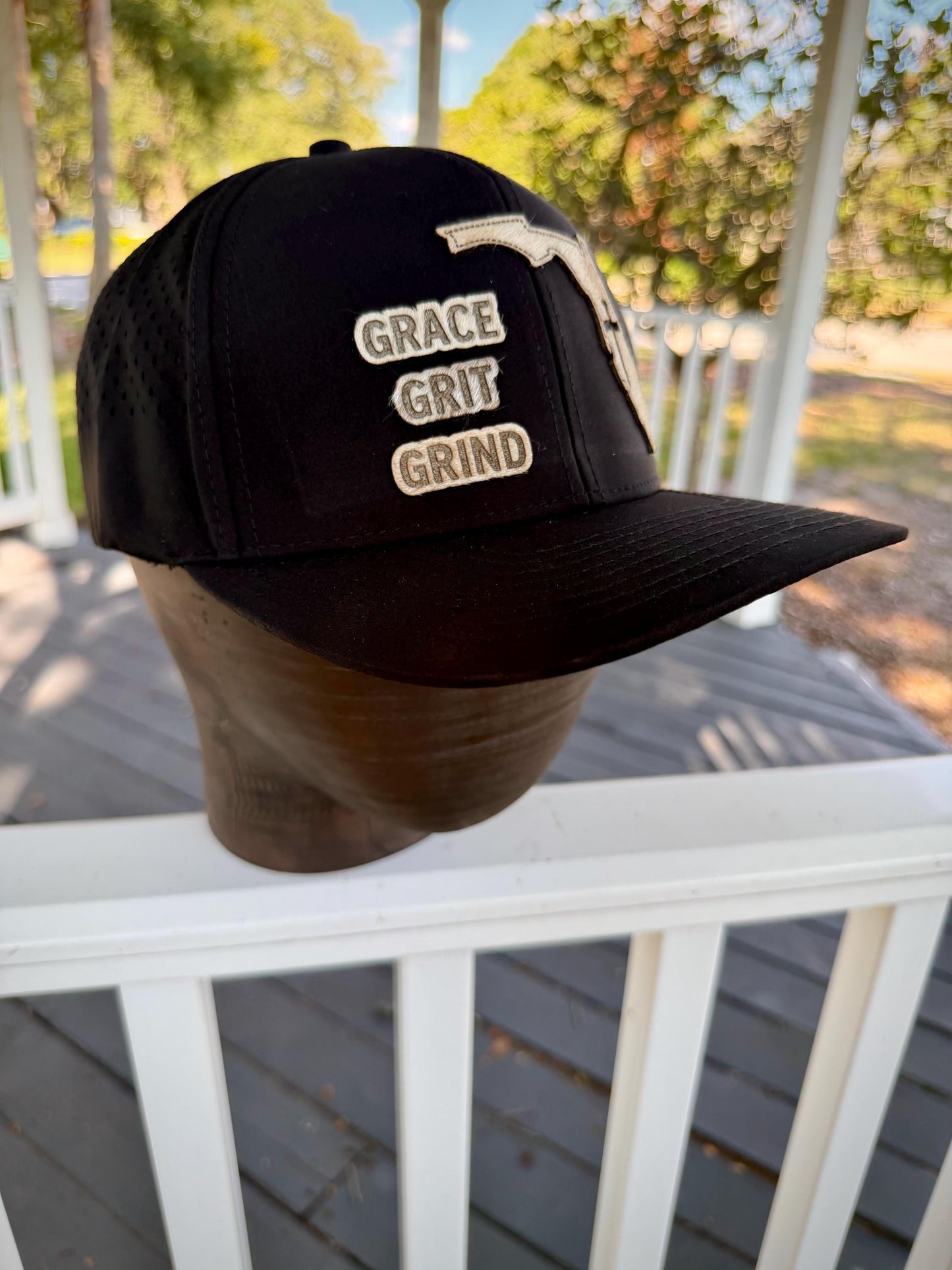 Grace Grit Grind Florida Hat, Christian Snapback, Leather Patch Cap Hair-On Hide