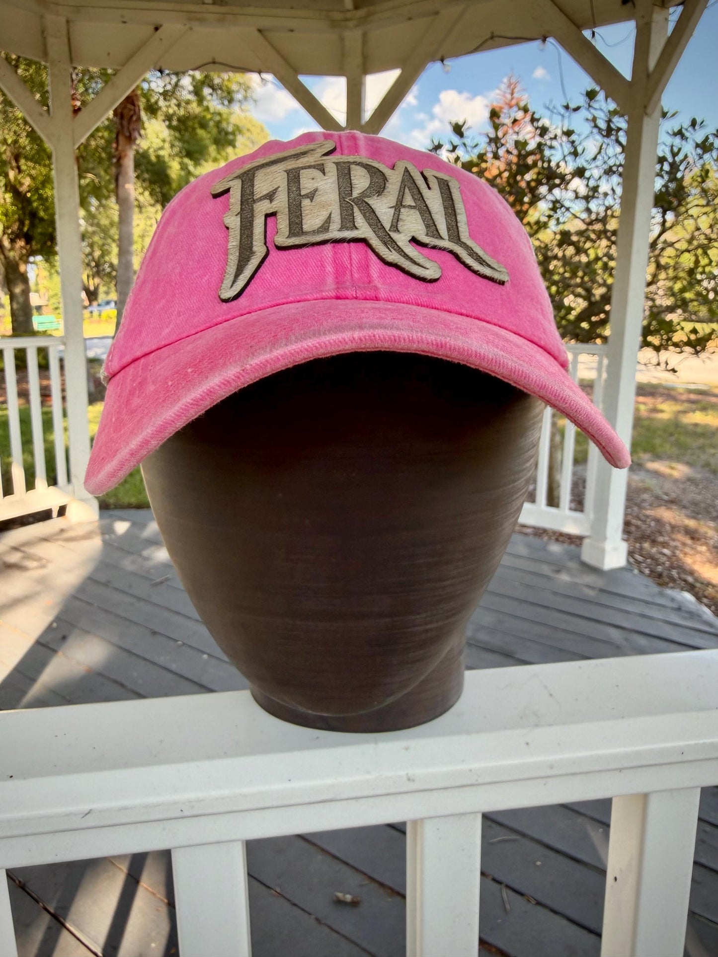 FERAL Trucker Hat, Hair on Hide Leather Patch, Pink or Distressed Black Mesh Cap