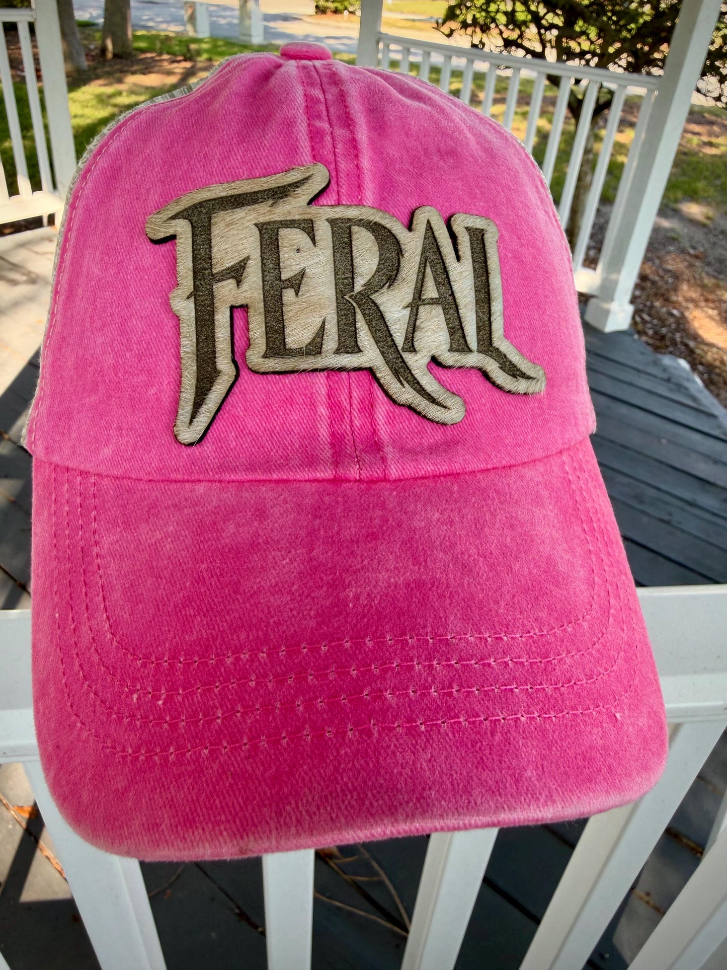 FERAL Trucker Hat, Hair on Hide Leather Patch, Pink or Distressed Black Mesh Cap