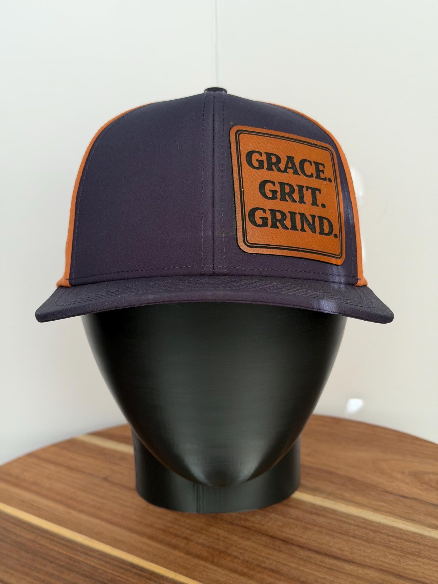 Grace Grit Grind Leather Patch Hat, Navy Camel Snapback Cap, Faith Baseball Hat