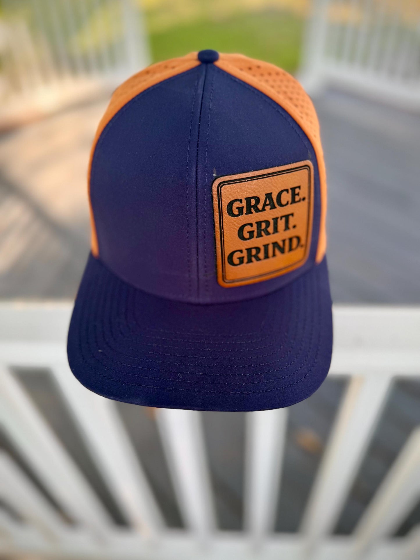Grace Grit Grind Leather Patch Hat, Navy Camel Snapback Cap, Faith Baseball Hat