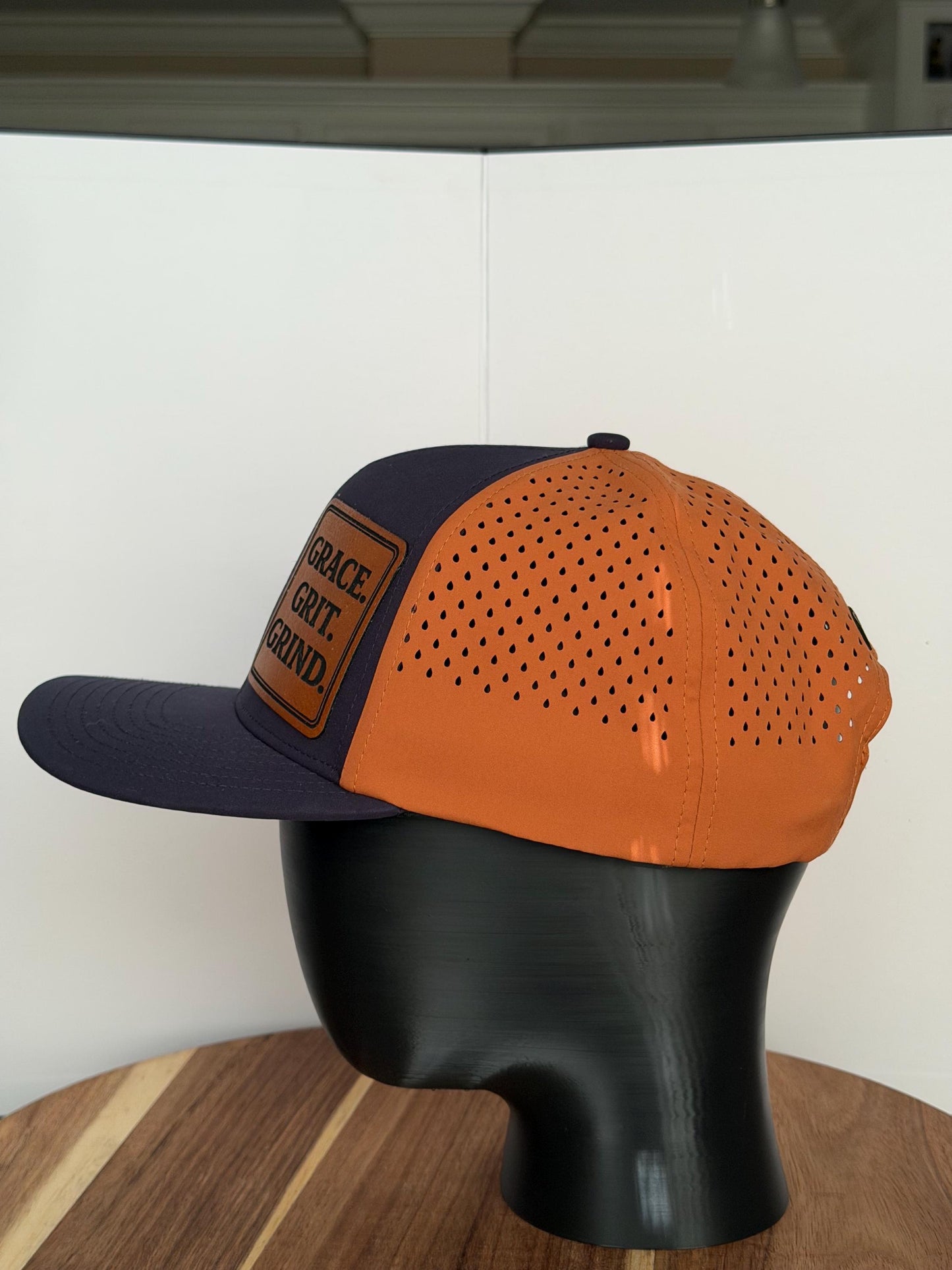 Grace Grit Grind Leather Patch Hat, Navy Camel Snapback Cap, Faith Baseball Hat